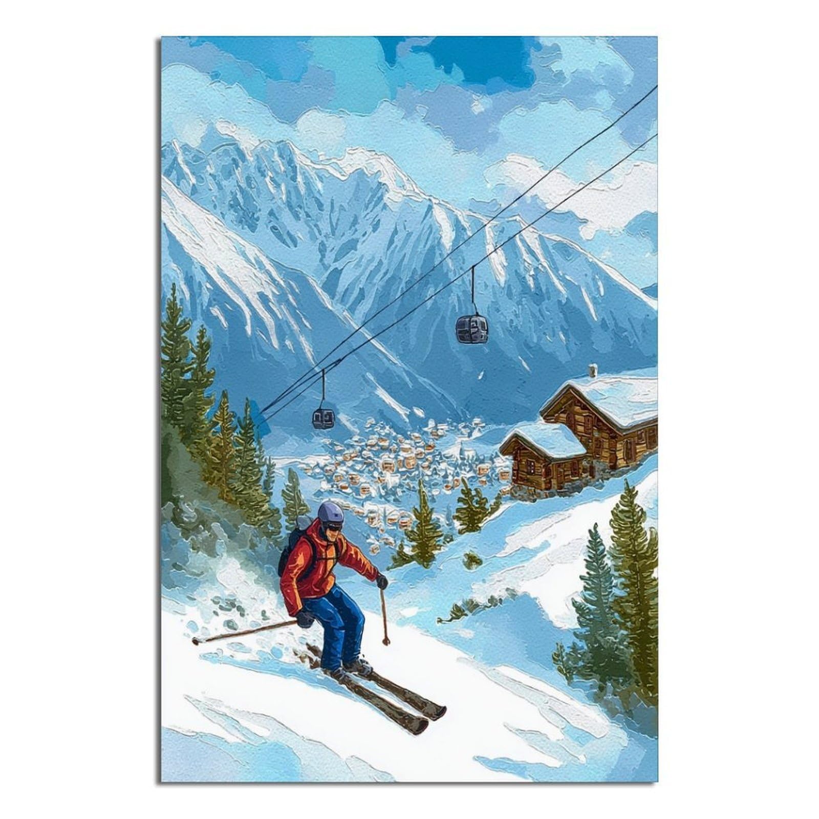Chamonix France Ski Poster 20x30inch(50x75cm) Vintage Watercolor Canvas Art