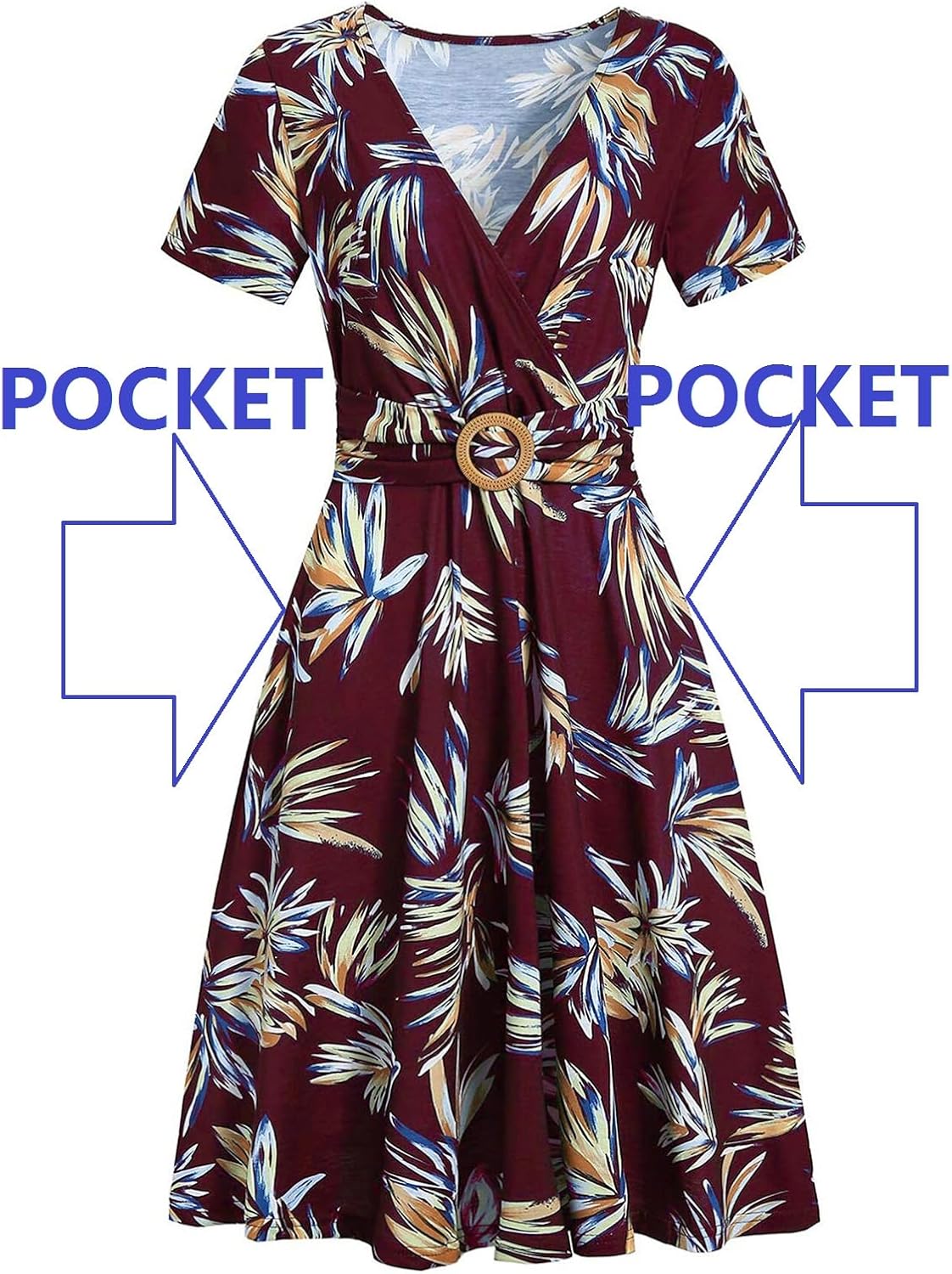 Women's Elegant Criss-Cross V Neck Vintage Short Sleeve Work Casual Fit and Flare Tea Dress with Pockets 980 - Image 6