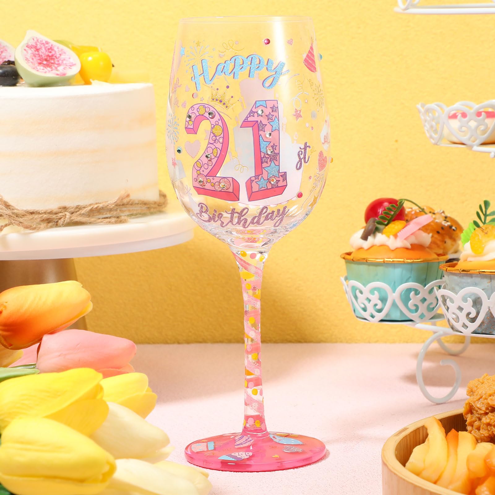 Amazon.com | Funnymoom Hand Painted Wine Glass 21st Happy Birthday Cup 15  oz Personalised Birthday Gift for Him Women Friends Family(Pink): Wine  Glasses
