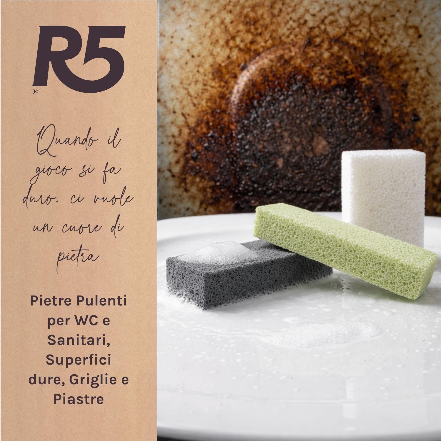 R5, Multipack Pietre Pulenti in Vetro Riciclato, Kit Pulizia Casa Completo, 1 x Superfici Dure, 1 x WC e Sanitari, 1 x Griglie, Piastre, Padelle e Utensili, Eco-Sostenibile, Made in Italy