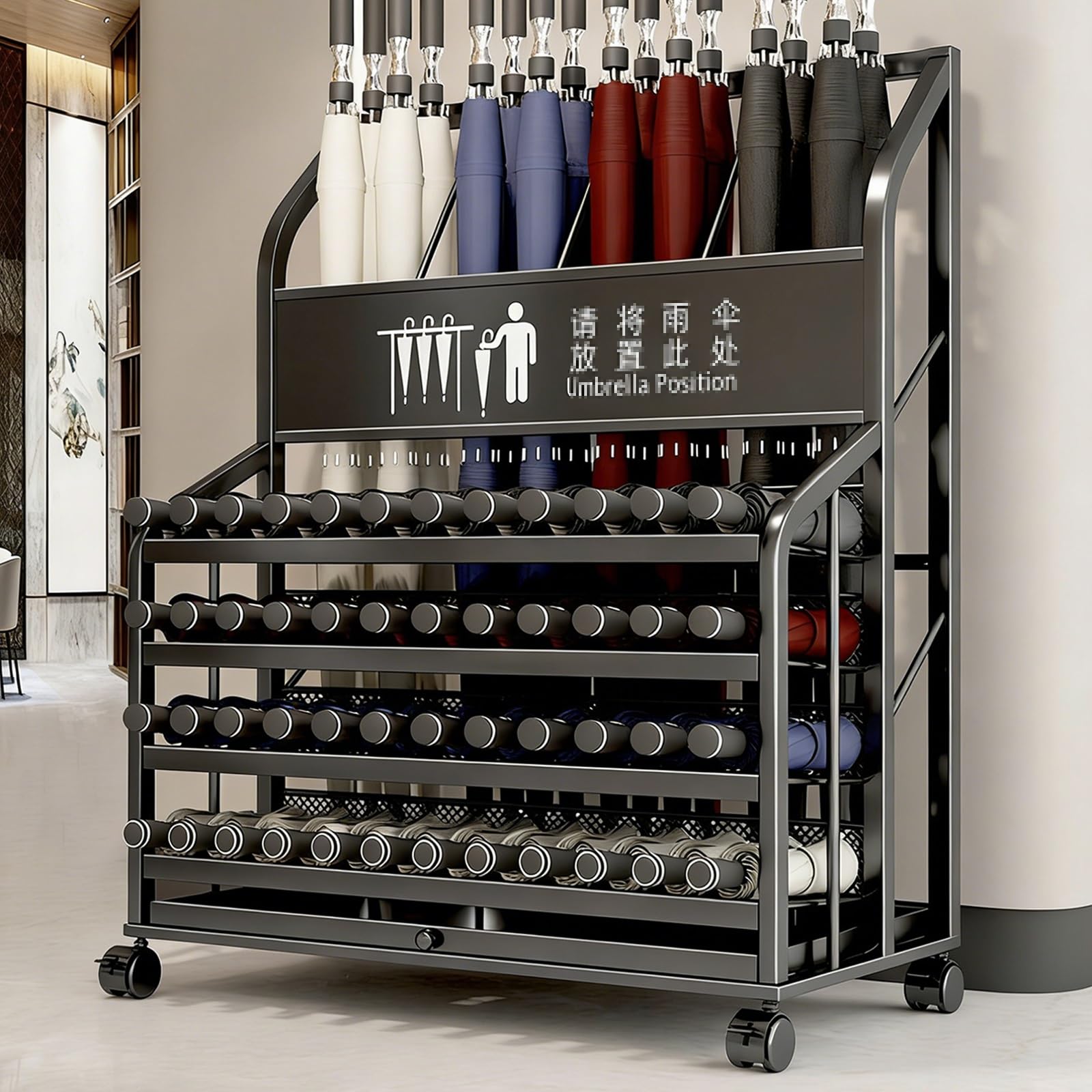 BHFPFZA Commercial Metal Umbrella Stand with Drainage Tray, Rolling Umbrella Rack on Wheels, Mobile Storage for Apartments, Hotels, Entryways (Black, 48x32x70cm)