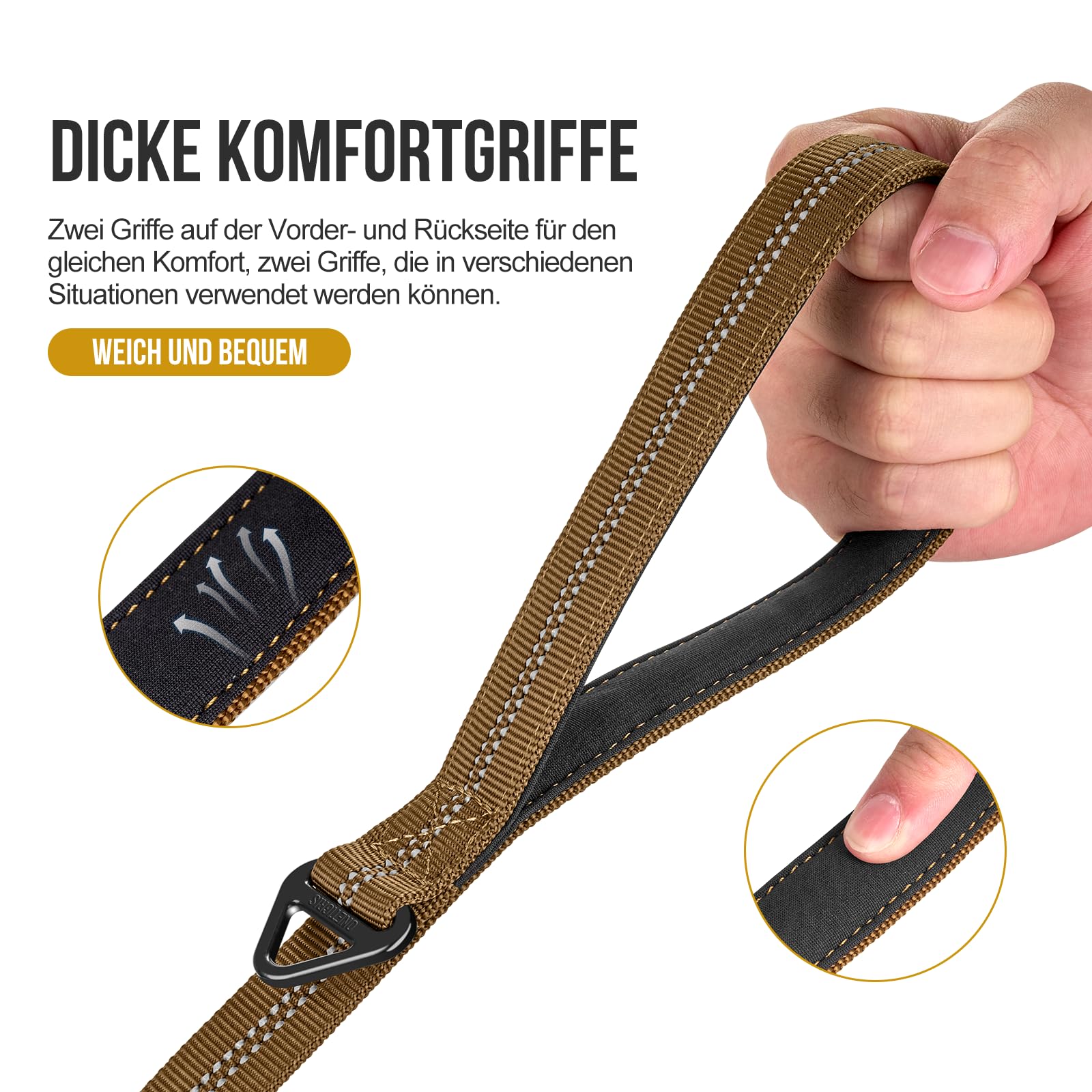 OneTigris Smycz dla Psa 152-188 cm, Bungee Jumping Design z Metalowym Klipsem i 2 Miękkimi Wyściółkami, Odblaskowa Nylonowa, dla Średnich i Dużych Psów, Brązowa