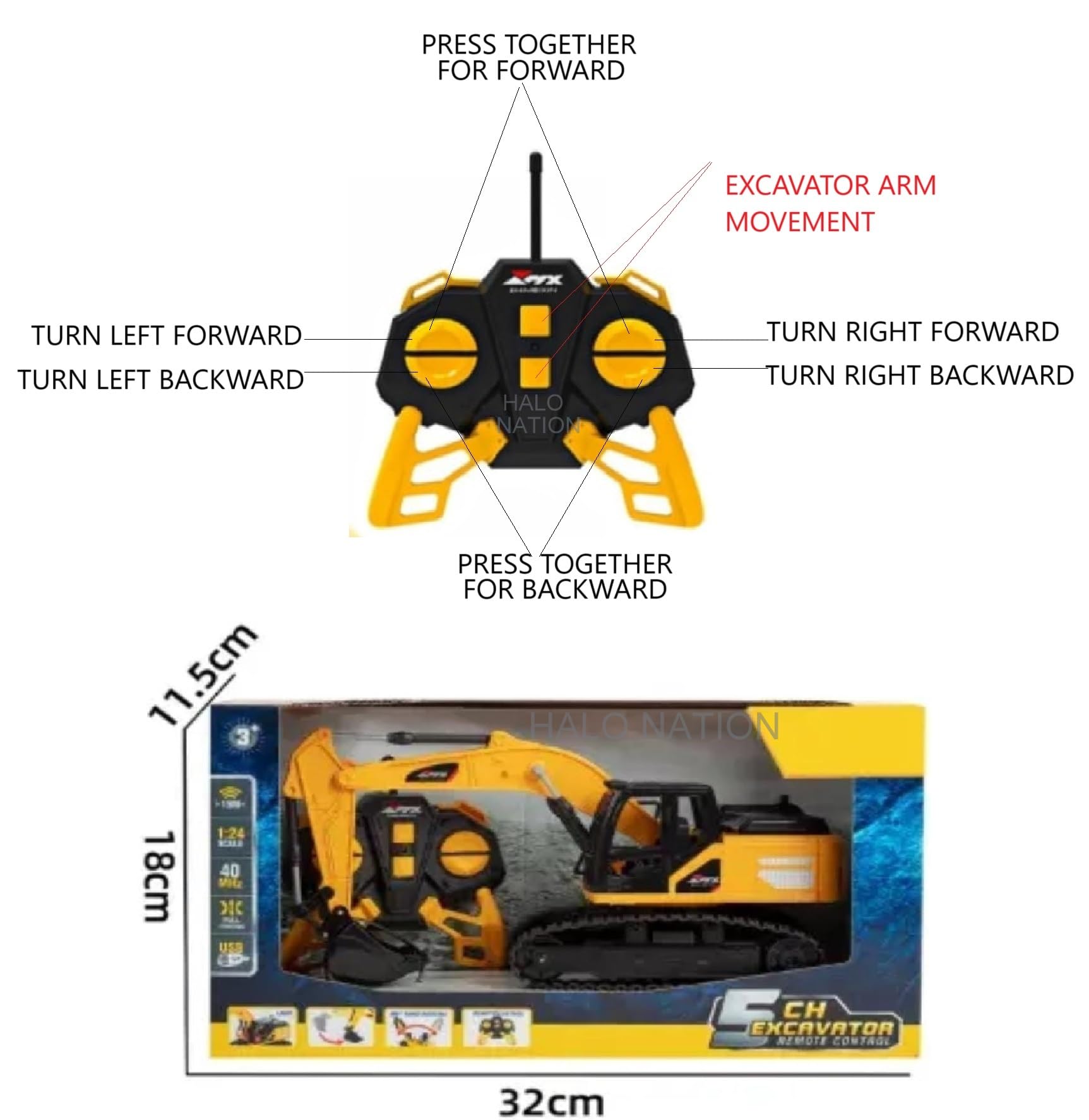 HALO NATION® 6-Channel Remote Control Excavator RC Excavator RC Engineering Truck Rechargeable Truck Toy with 360° Rotation & Moving Shovel - Image 3 thumbnail