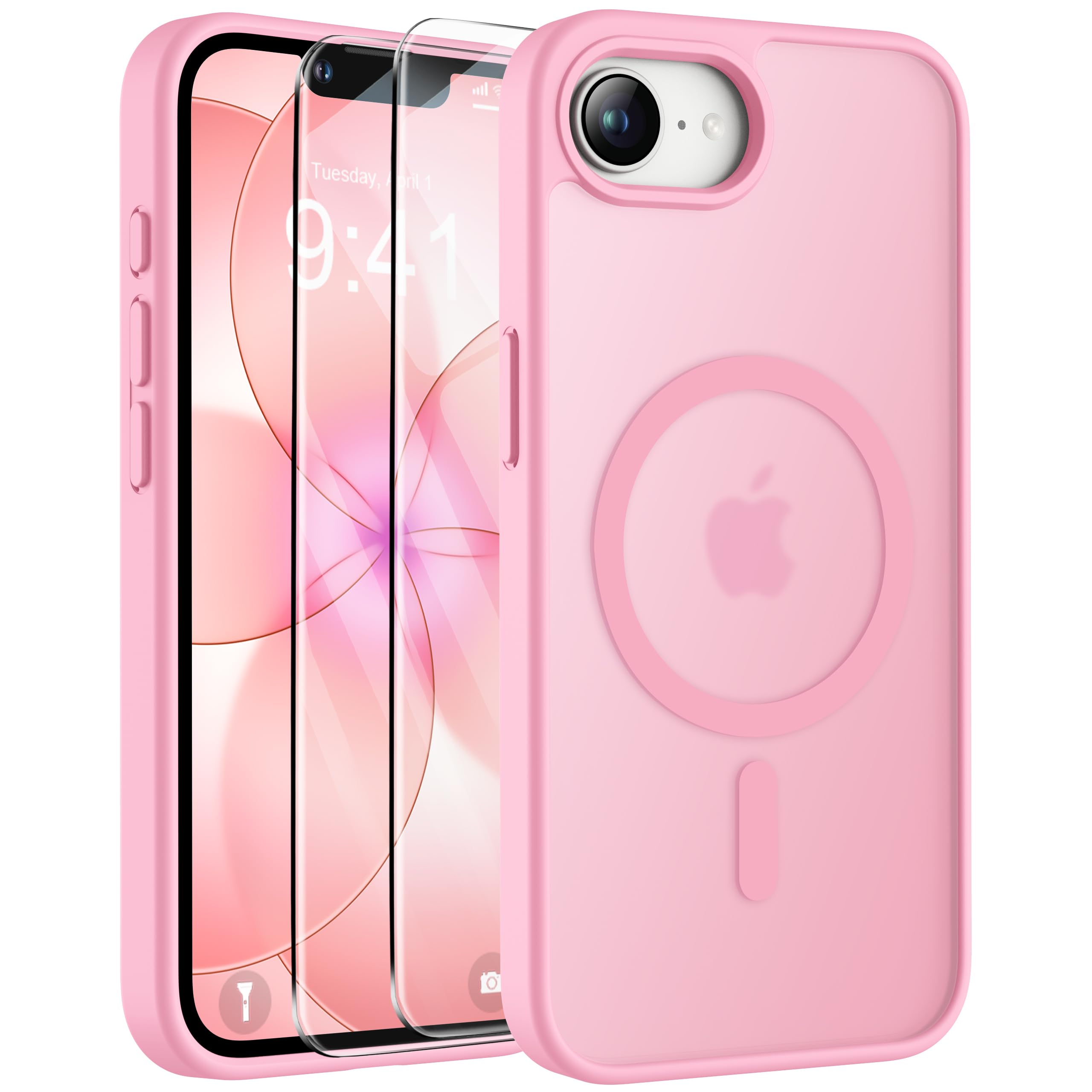 ORETECH Magnetica Cover per iPhone 17e(2026) 6,1 Pollici con 2 Vetro Temperato,Compatibile con Mag-Safe, Traslucida Opaca Antiurto Ultra Sottile Hard PC iphone 17e Cover-Rosa Chiaro