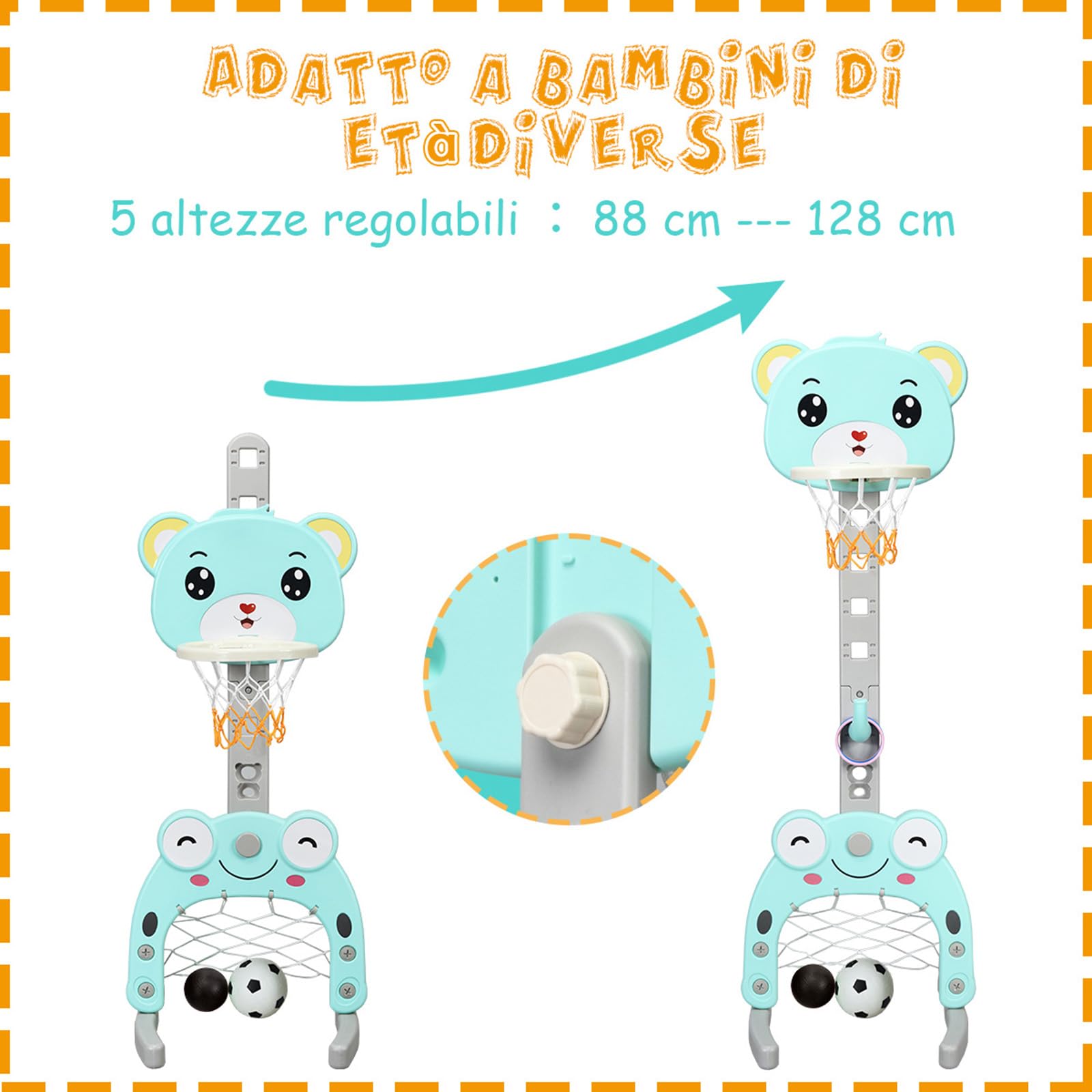 COSTWAY Canestro da Basket, Centro Attività 3 in 1 per Bambini, Canestro da Basket con Porta da Calcio e Gioco degli Anelli, Set Basket e Calcio a Forma di Orso, Ideale per Bambini (Verde)