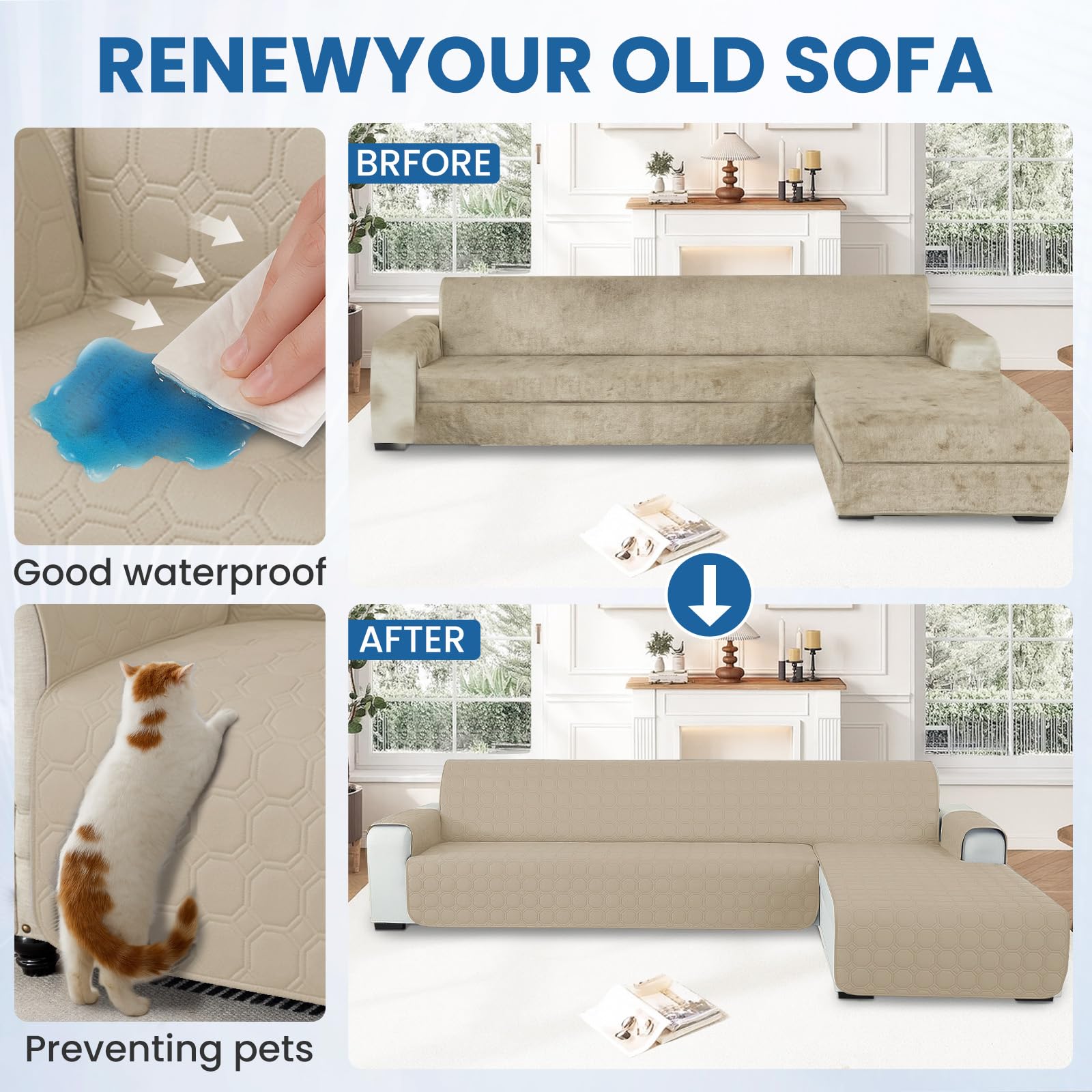 Ystyle Copridivano Impermeabile con Penisola 3 Posti (L 255 CM), Copridivano Angolare Destra/Sinistra Universale Reversibile, Copridivano Chaise longue Antigraffio Antimacchia, Beige