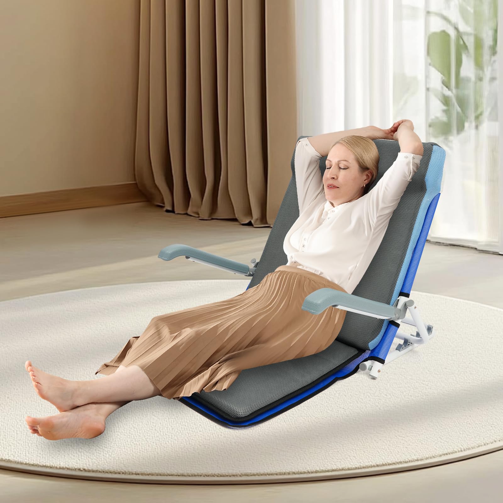 Respaldo ajustable en altura para cama, 5 niveles de inclinación (20°-75°), soporte plegable para cama de hasta 90 kg, con reposacabezas y red transpirable, incluye venda para los ojos