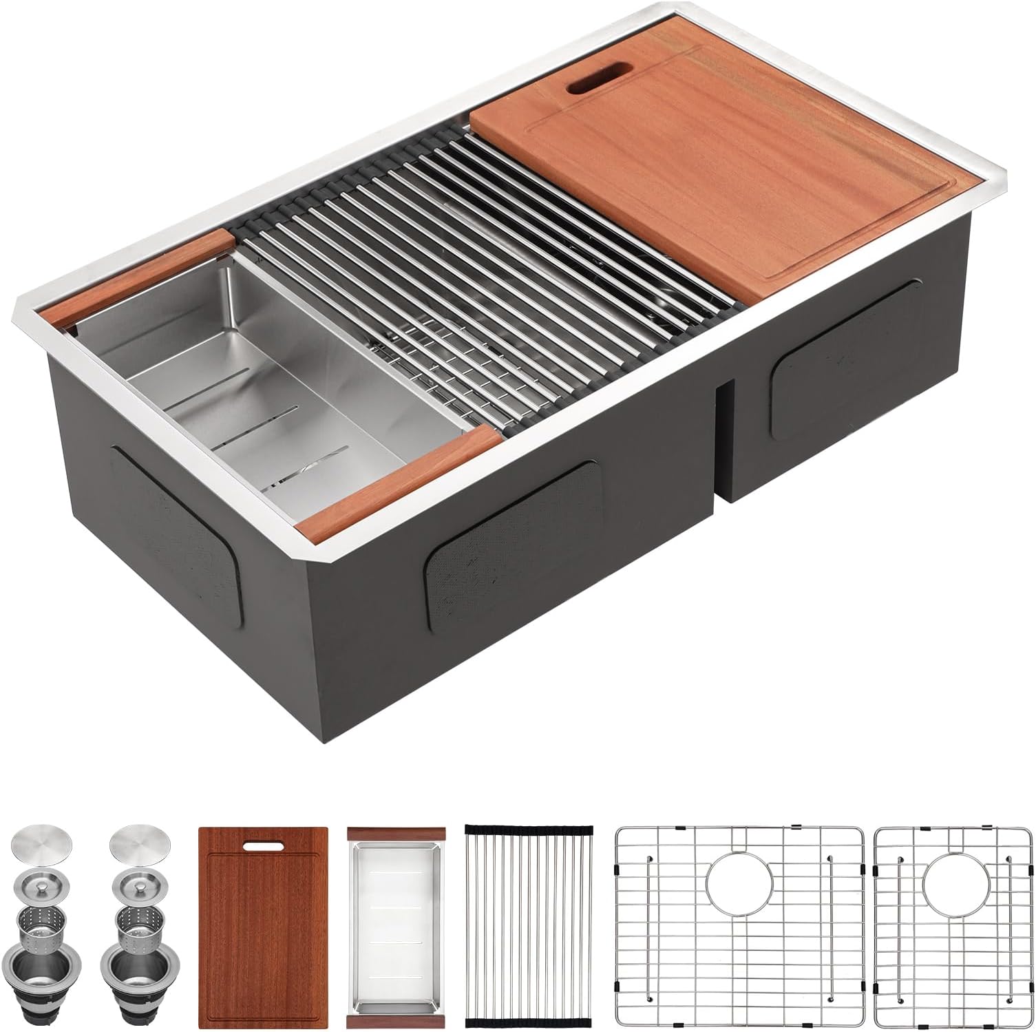 36 Undermount Kitchen Sink Double Bowl- Sarlai 36 x 19 Inch Kitchen Sink Ledge Workstation Stainless Steel 16 Gauge Double Basin 60/40 Low Divide Under Counter Kitchen Sinks Basin