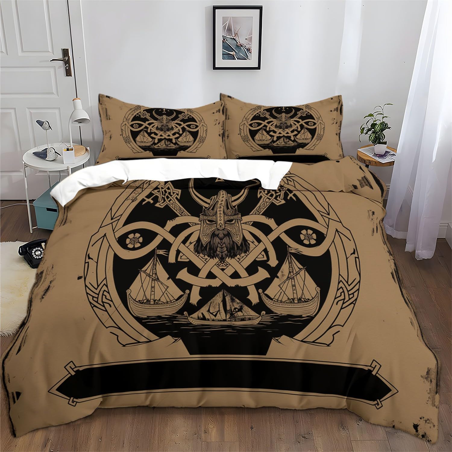 Poszwa na kołdrę z emblematem wikingów vintage poszwa na kołdrę 220 x 240 cm zestaw pościeli dla nastolatka chłopca dorosły dekoracja sypialni brązowy czarny jasny zestaw poszewek na kołdrę