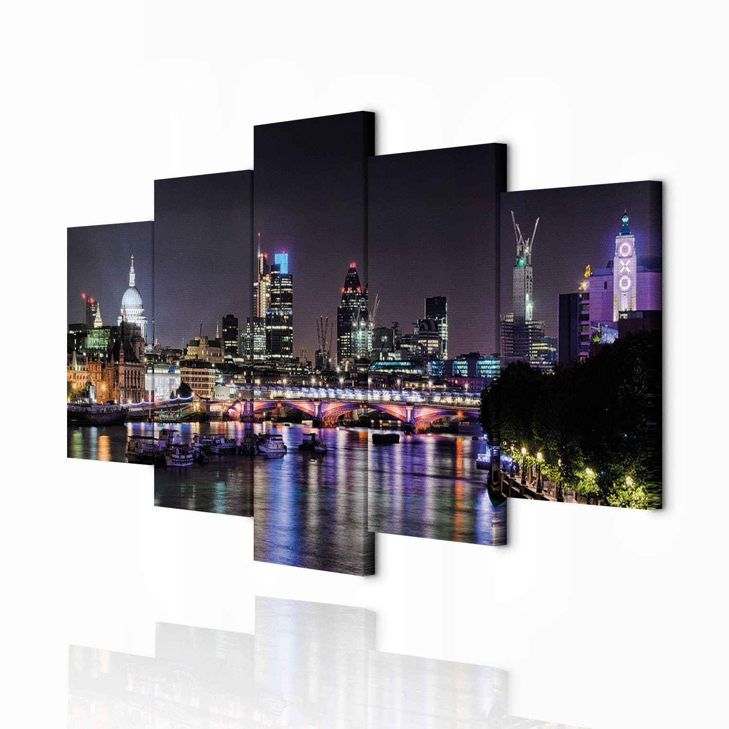 decomonkey Cuadro Lienzo Londres Ciudad Panorama Luces 100x50 cm 5 piezas
