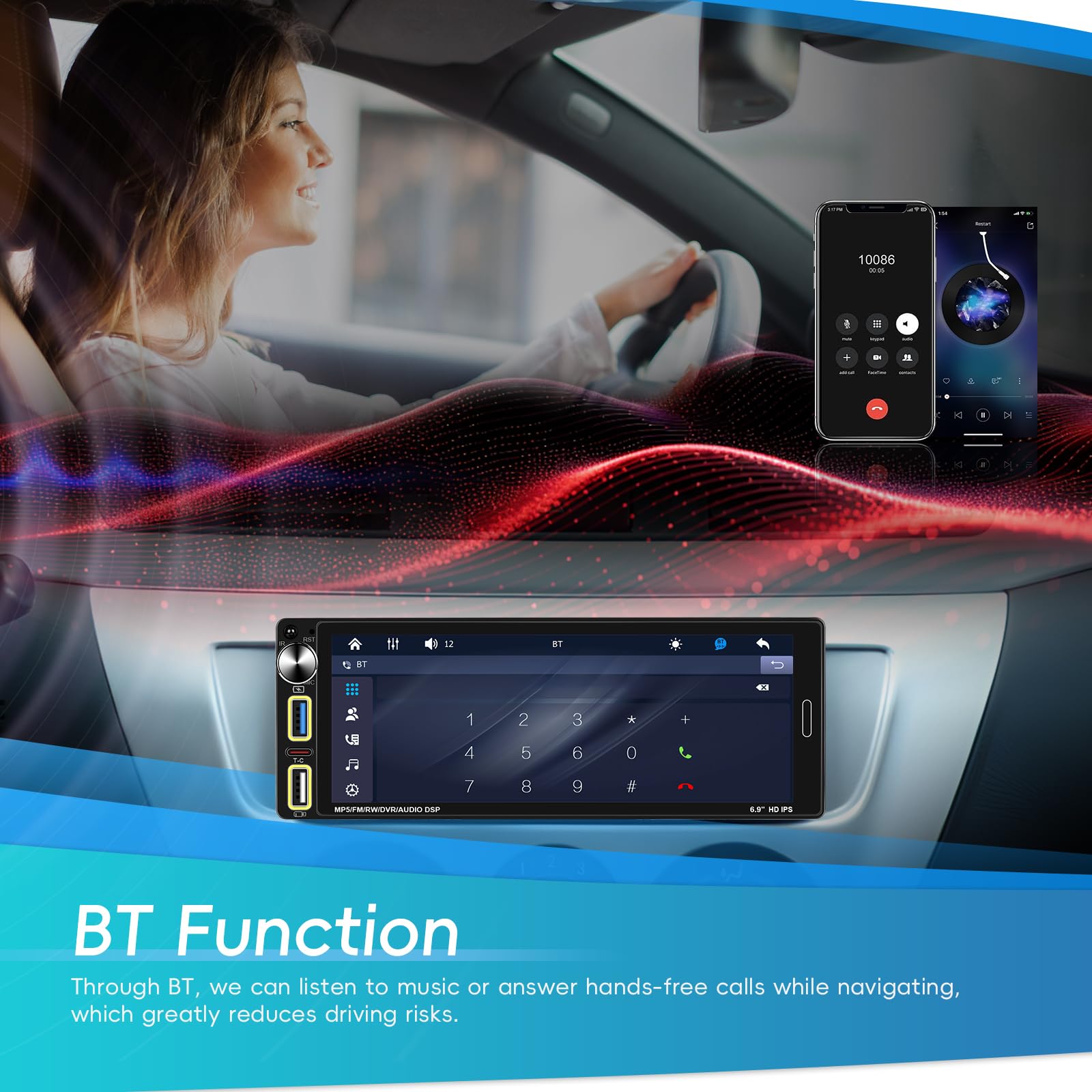Hikity 6.9" 1 DIN CarPlay Radio Coche con Bluetooth FM Cámara Trasera | IPS Pantalla Táctil Android Auto Wireless CarPlay Mirror Link EQ Control del Volante Manos Libres USB AUX