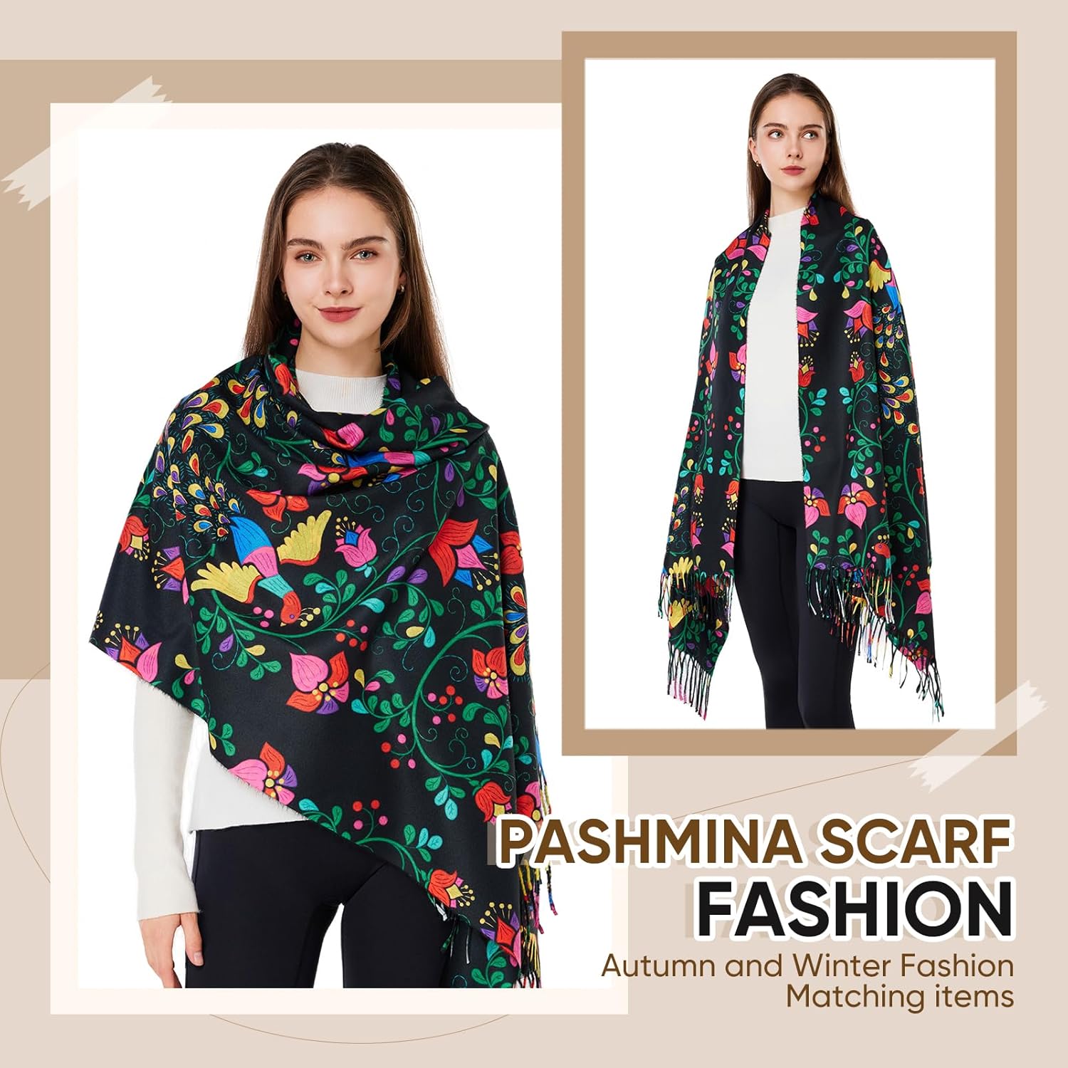 Pashmina Shawls and Wraps, Double-side pattern Long Scarf for Women, Perfect for Winter and Fall - Image 3