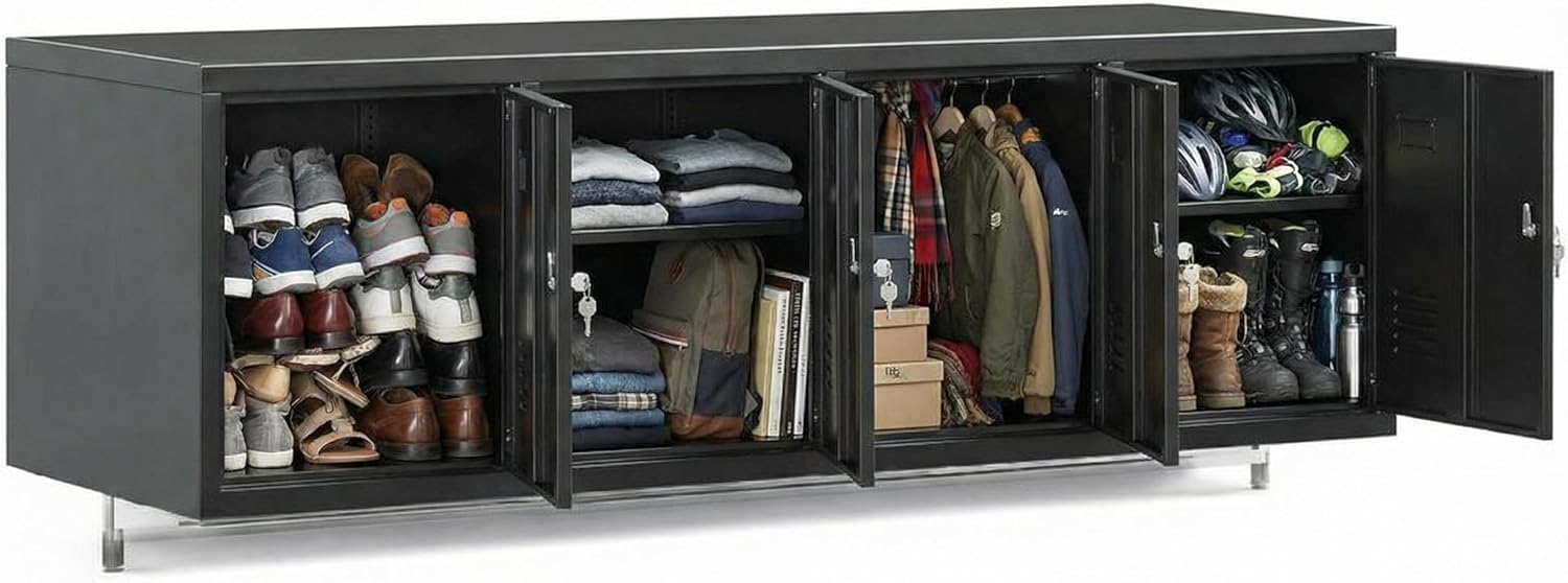 4 Door Metal Locking Cabinet, Lockable Storage Cabinet with Keys, 0.6mm Thick Steel Storage Locker, Garage Cabinets, Wall-Mounted Black Metal Cabinet, Locker Shelf for Office Gym Employees