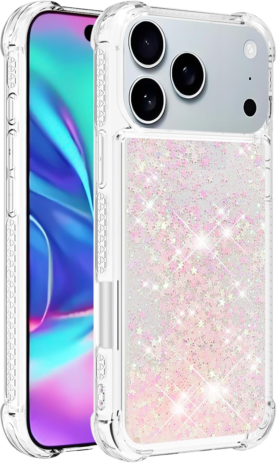 Compatible with iPhone 17 Pro Case Glitter Sparkle Cute Liquid Clear Flowing Quicksand Shockproof TPU Protective Girly Women Phone Case for iPhone 17 Pro 6.3" Star Pink YB - Image 3