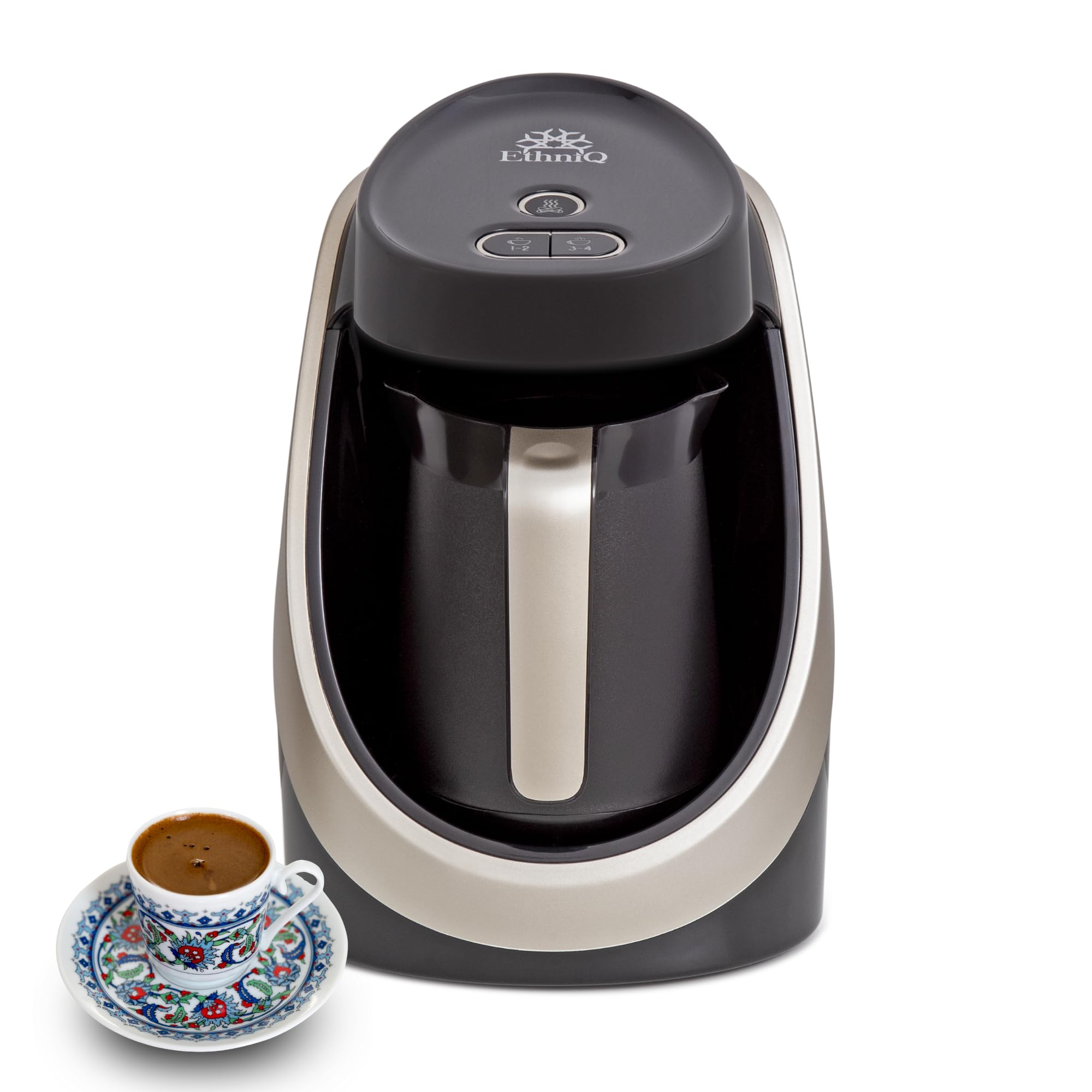 ETHNIQ Turkish Coffee Maker - 100% BPA Free, 120V, 1 to 4 Cup Brewing Capacity with Cook Sense Technology for Delicious Cup of Turkish & Greek Coffee, Turkish Coffee Pot (Dark Silver)