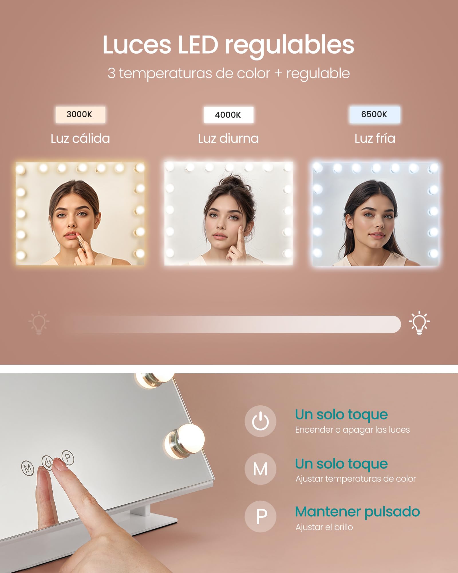 SONGMICS Espejo de Maquillaje con Luz LED Regulable, 80 x 60 cm, Blanco Mate