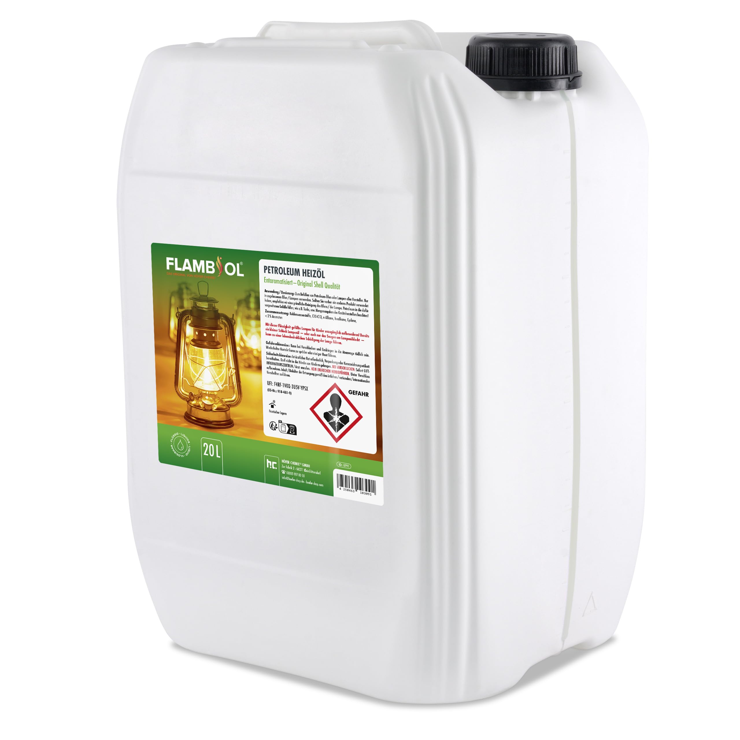 Höfer Chemie FLAMBIOL Gereinigtes Petroleum 1 x 20L Heizöl - Entaromatisierte Qualität - Für Campingheizung, Petroleumlampe & Grillanzünder - Rußfreie Verbrennung