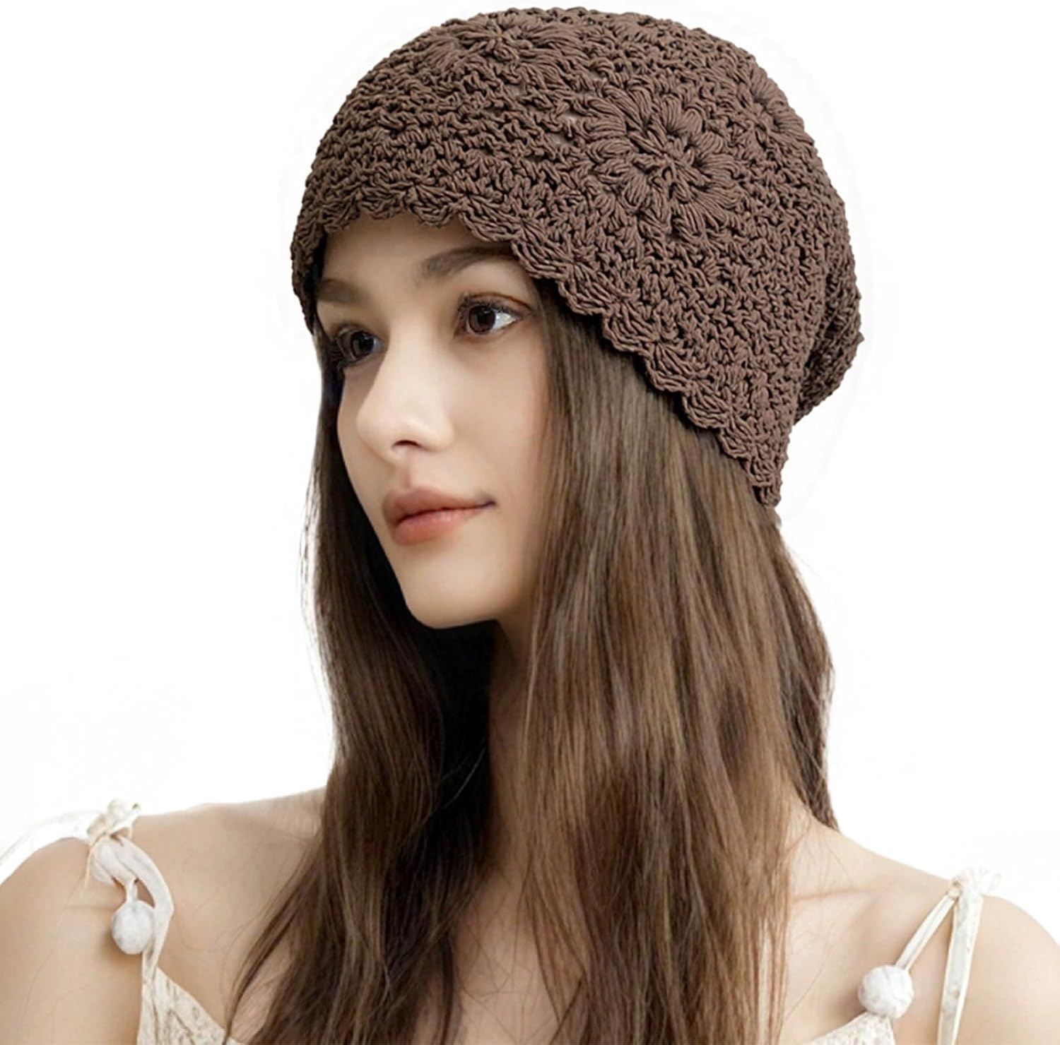 100% Cotton Crochet Beanie Hat Handmade Knit Slouchy Floral Skull Hat Knitted Openwork Summer hat for Women - Image 4