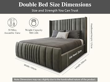 Manhattan Double Bed Frame 4ft6, Modern Plush Velvet Upholstered Panelled Design, Luxury 4ft6 Beds Base with High Headboard, Stylish Bed Frame Double for Bedrooms in Grey Plush