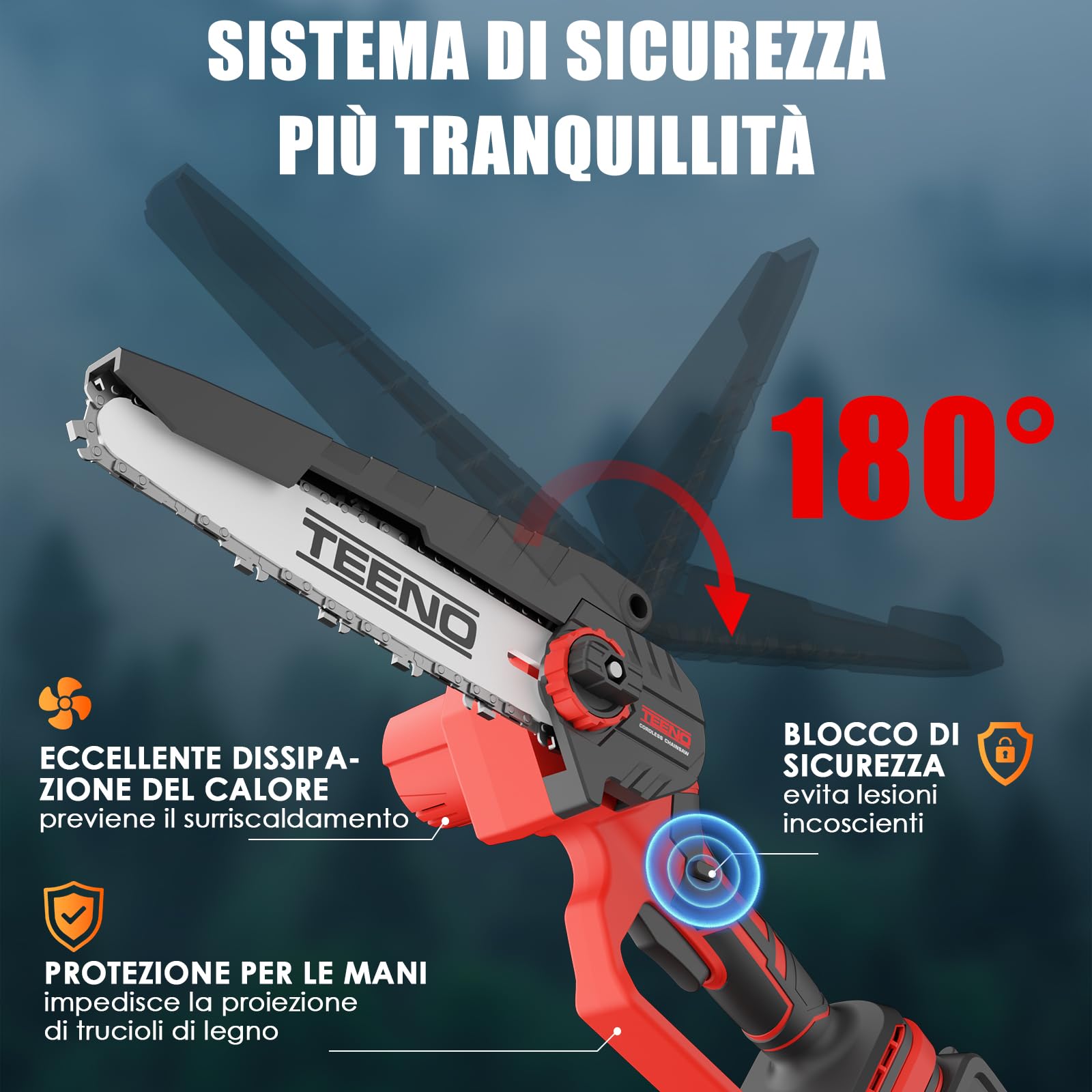 TEENO Segatrice elettrica,segatrice elettrica 2 in 1,asta telescopica | staccabile,regolazione a 180°,6 pollici,2 batterie da 4000 mAh,2 piastre di guida,2 catene