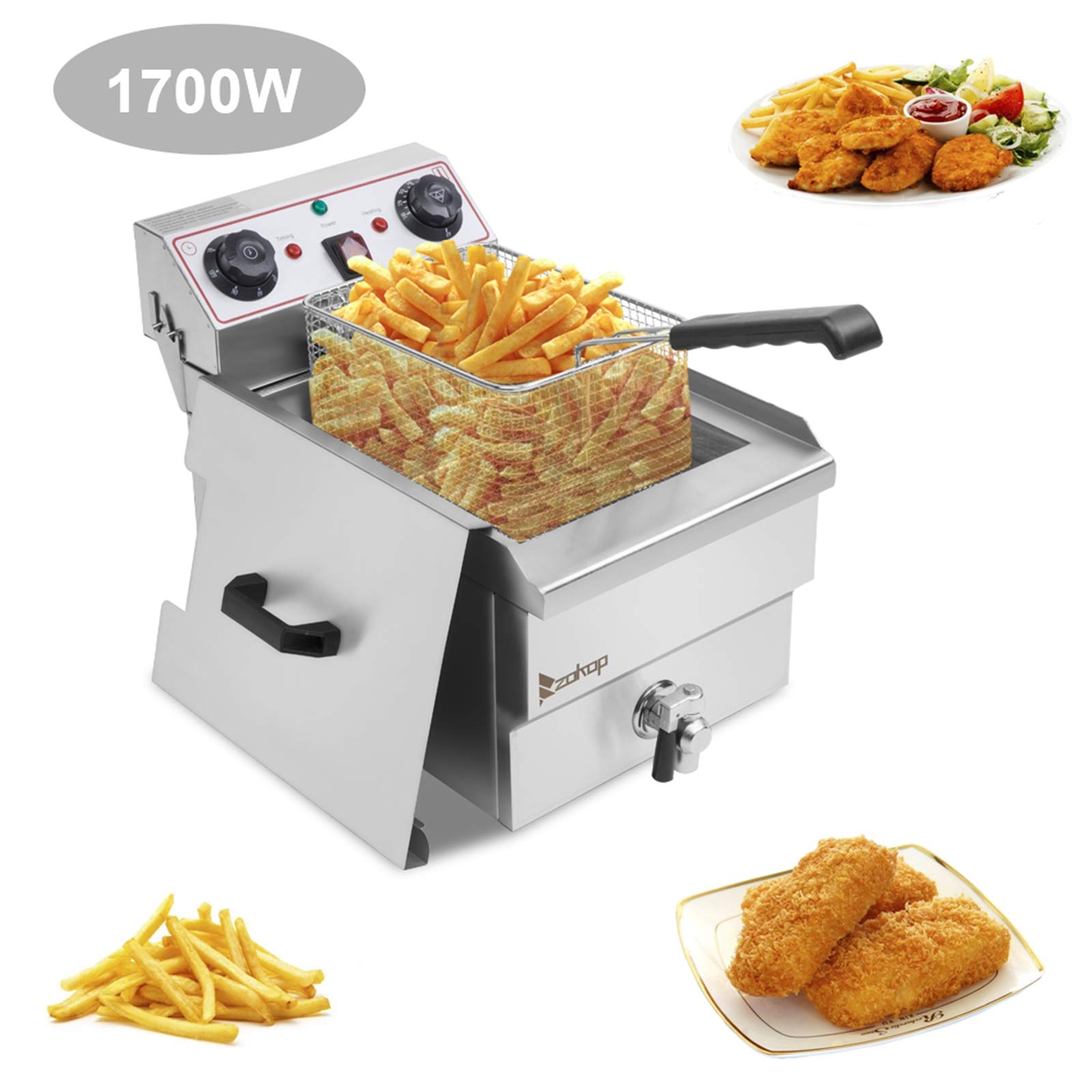 ZOKOP Commercial Stainless Steel Deep Fryer with Basket, 1700W 12.5QT Single Tank Easy Clean Deep Fryer with Removable Oil Tank and Temperature Control for Restaurant, Home, Bar, Party