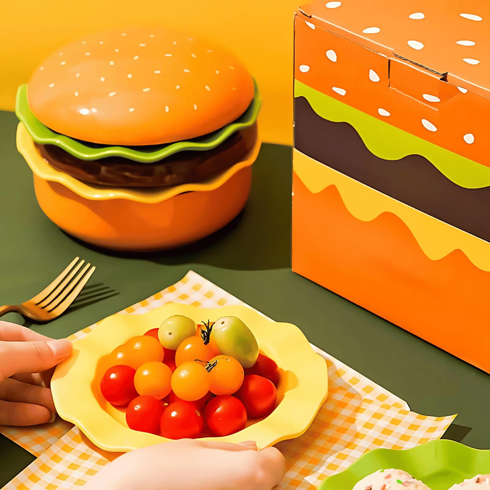 Keramik-Hamburger-Teller und -Schüssel-Sets, 5-teiliges stapelbares Burger-Geschirr-Set, lustiges und niedliches Weihnachtsgeschenk für Kinder und Erwachsene