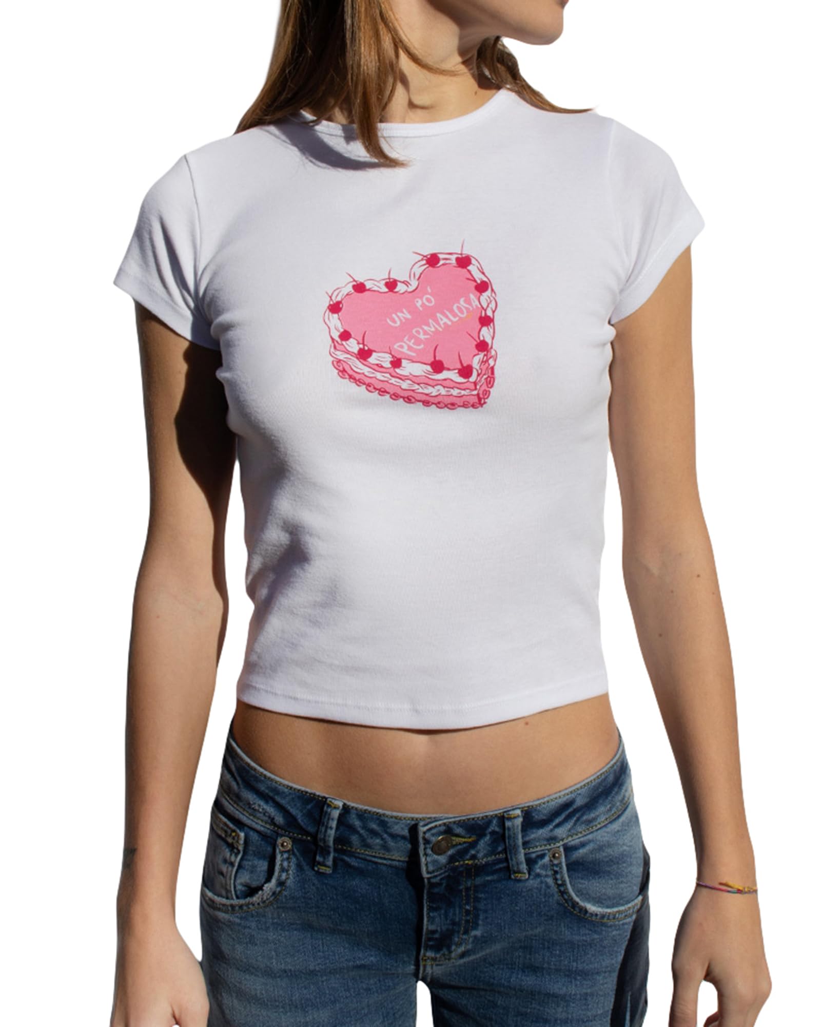 Women's Y2K Baby Tees Casual Slim Fit Bow Fruit Graphic Print Crop Tops Summer Round Neck Cap Sleeve Going Out Tops (A-Rose Red, XL)