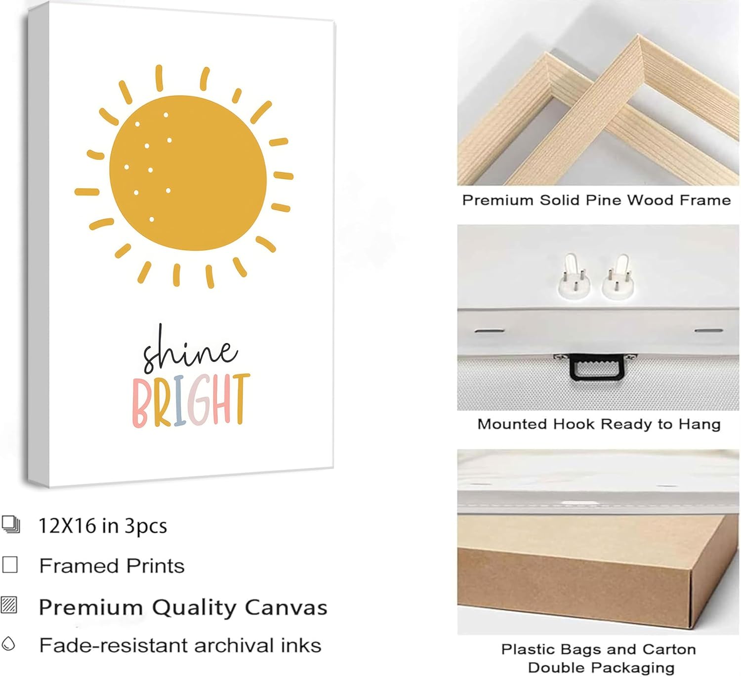 3 Pcs Boho Nursery Canvas Wall Art Dream Big Be Brave Shine Bright Bohemia Sun Rainbow Pictures Kids Wall Decor Poster Print Artwork for Boys Girls Bedroom Children Room Home Decoration