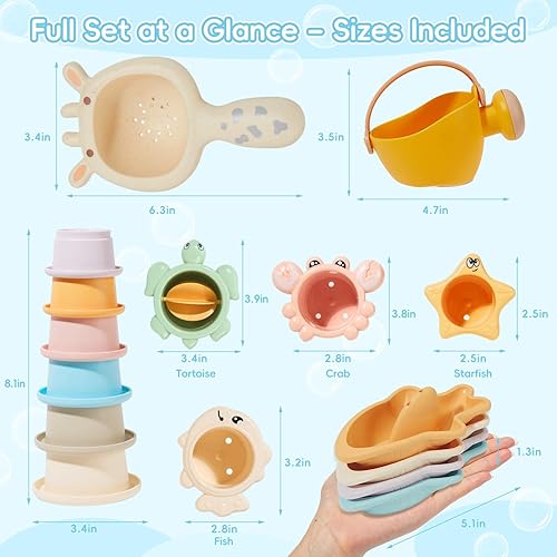 Miniatura 5 de Juguetes de baño, 16 unidades, juguetes de agua para bañera sin moho, con barcos flotantes seguros, cuchara y tazas apilables educativas tempranas,