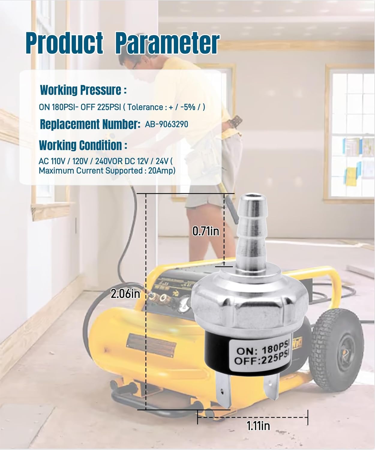 180-225 PSI Air Compressor Micro Pressure Power Switch fit for Dewalt Porter Cable Craftsman Machines,AB-9063290 Air Compressor Parts Replacement D55146 D55168 D55167 D55146-CA D55168-CA D55167-CA