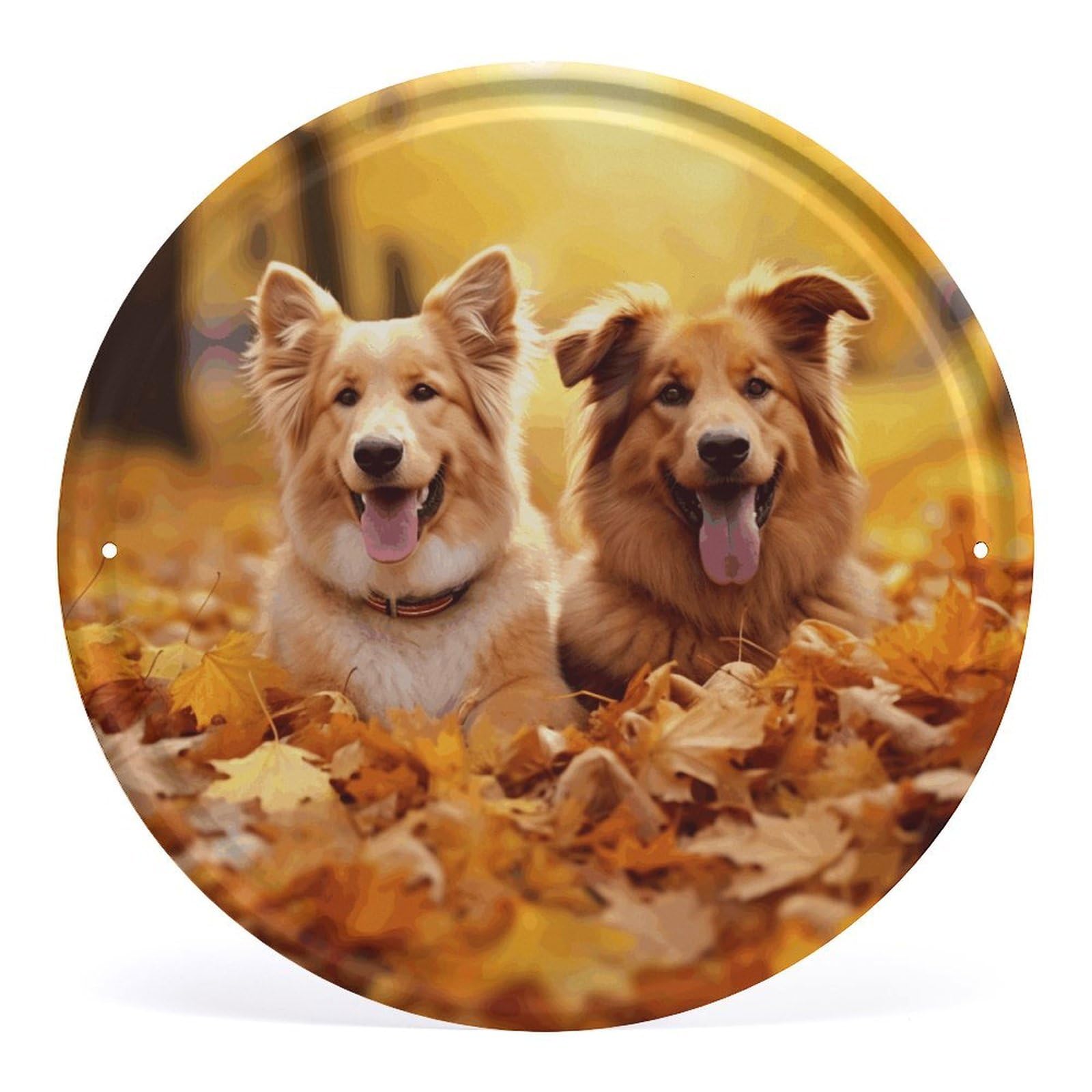 Fodpand Style Fall Background With Dogs Round Wall Art Hanging Decorations, Wall Decor Modern Minimalist Artwork, Tin Sign Hanging Picture For Living Room, Bedroom, Office, Hallway, 11.8X11.8 Inch