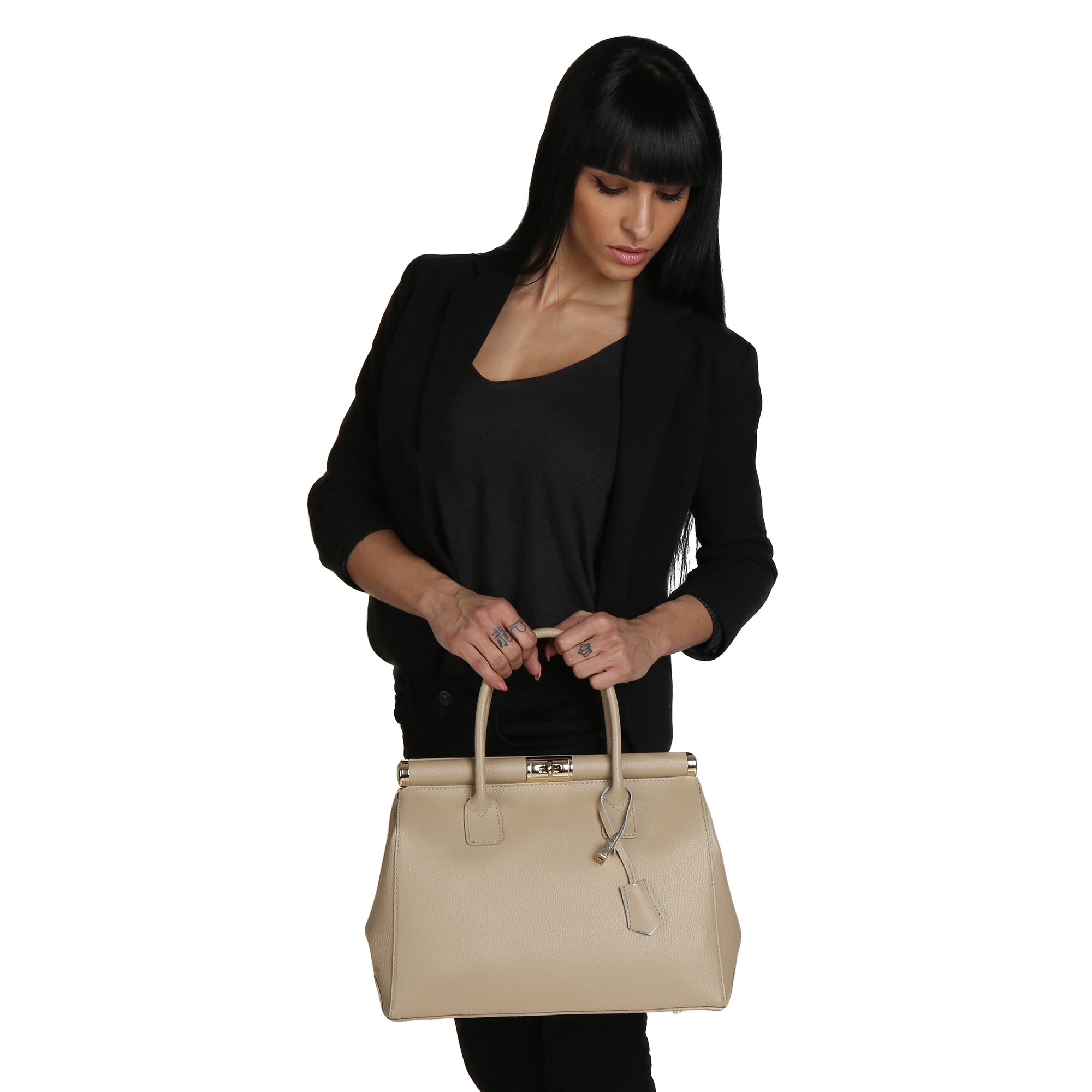 Chicca Borse Handbag Borsa a Mano da Donna con Tracolla in Vera Pelle Made in Italy 35x28x16 Cm