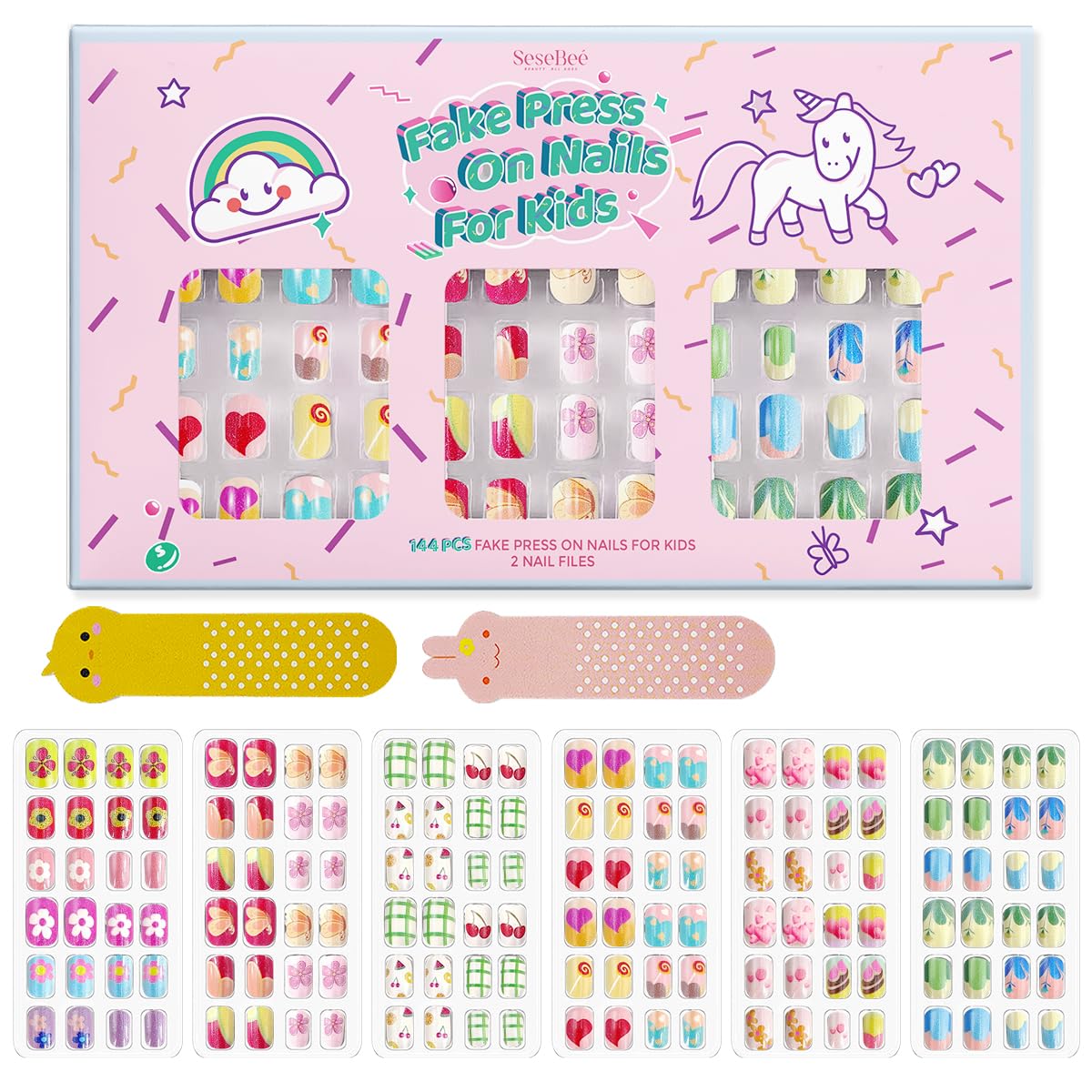 144Pcs 6 Pack Press on Nails for Kids Children Acrylic Fake Nails Pre-glue Full Cover Glitter Gradient Color Flower Pattern Short False Nail Art Kits Sets Valentines Day Gifts for Kids Girls