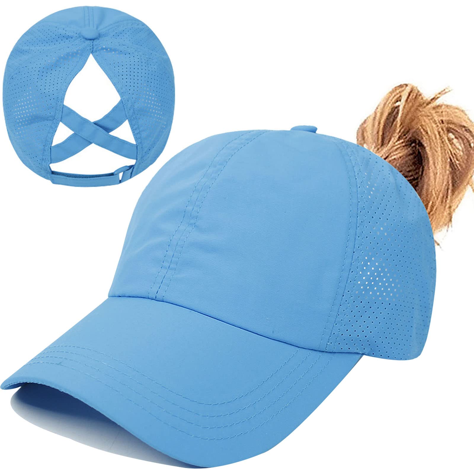 Womens Ponytail Hat Baseball Cap, Adjustable Criss Cross Baseball Cap High Bun Unisex Quick Drying Trucker Hats, Zblue, One Size