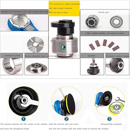 Miniatura 4 de Lijadora orbital aleatoria de aire profesional, lijadora de palma neumática de doble acción resistente (5 pulgadas, azul)