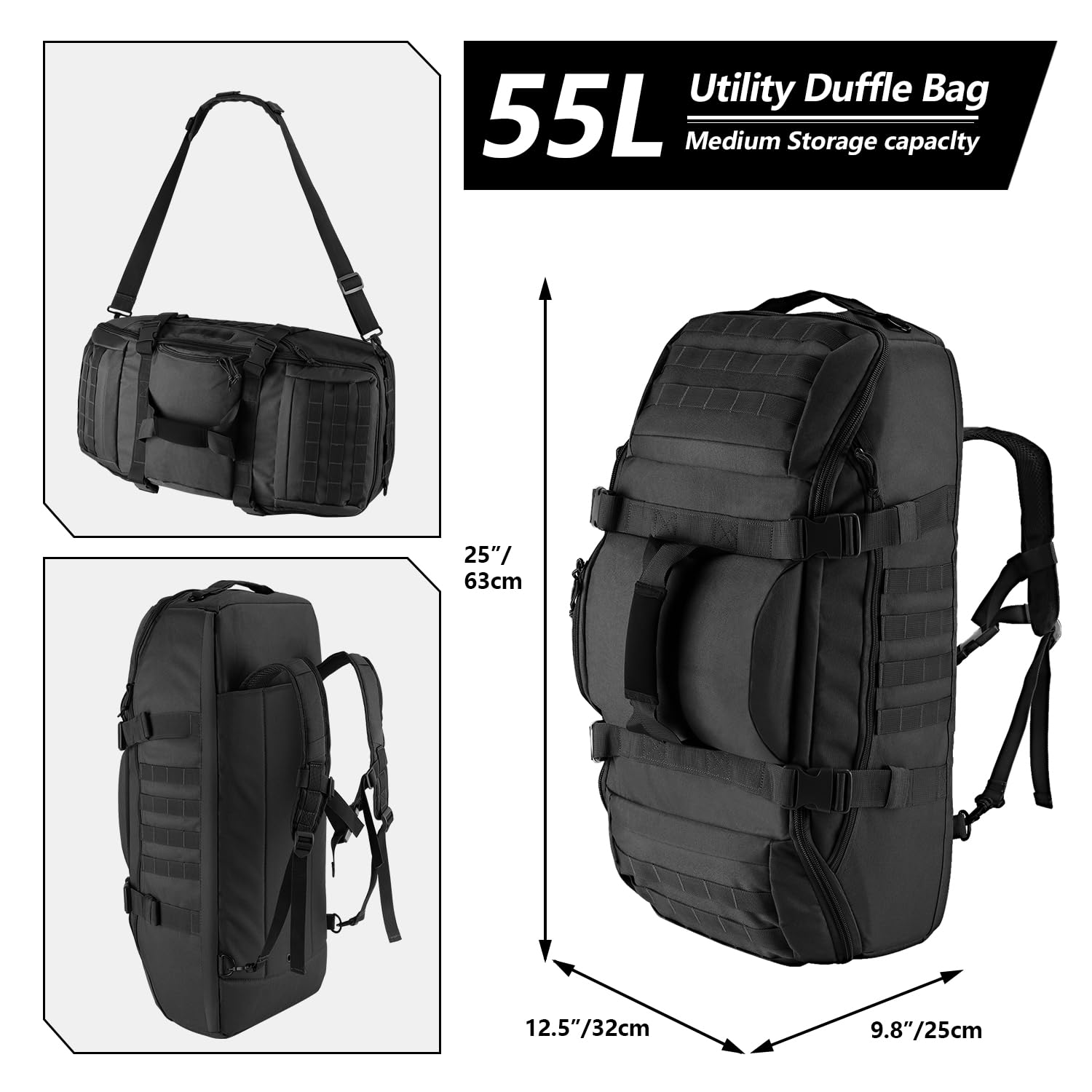 Hannibal Tactical Grand Sac de Sport, Sac à Dos Tactique 3 en 1, Sac à Dos Molle pour Sport, Gym, extérieur, Noir