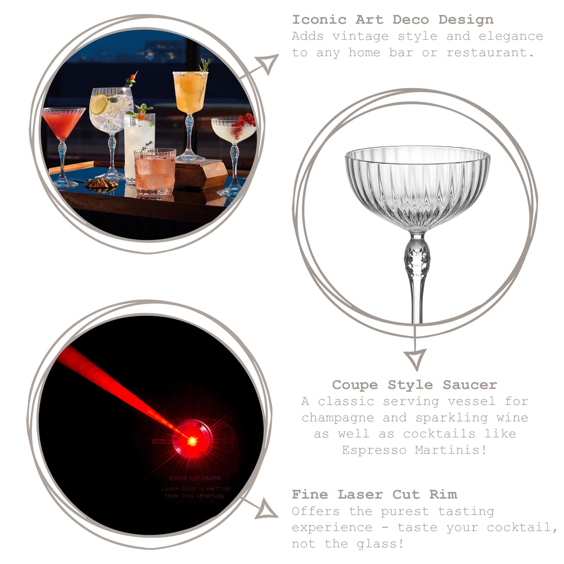 Bormioli Rocco 12x Clear 230ml America '20s Champagne Cocktail Soucoupes - Vintage Art Déco Coupé Lunettes pour vin, Espresso Martini