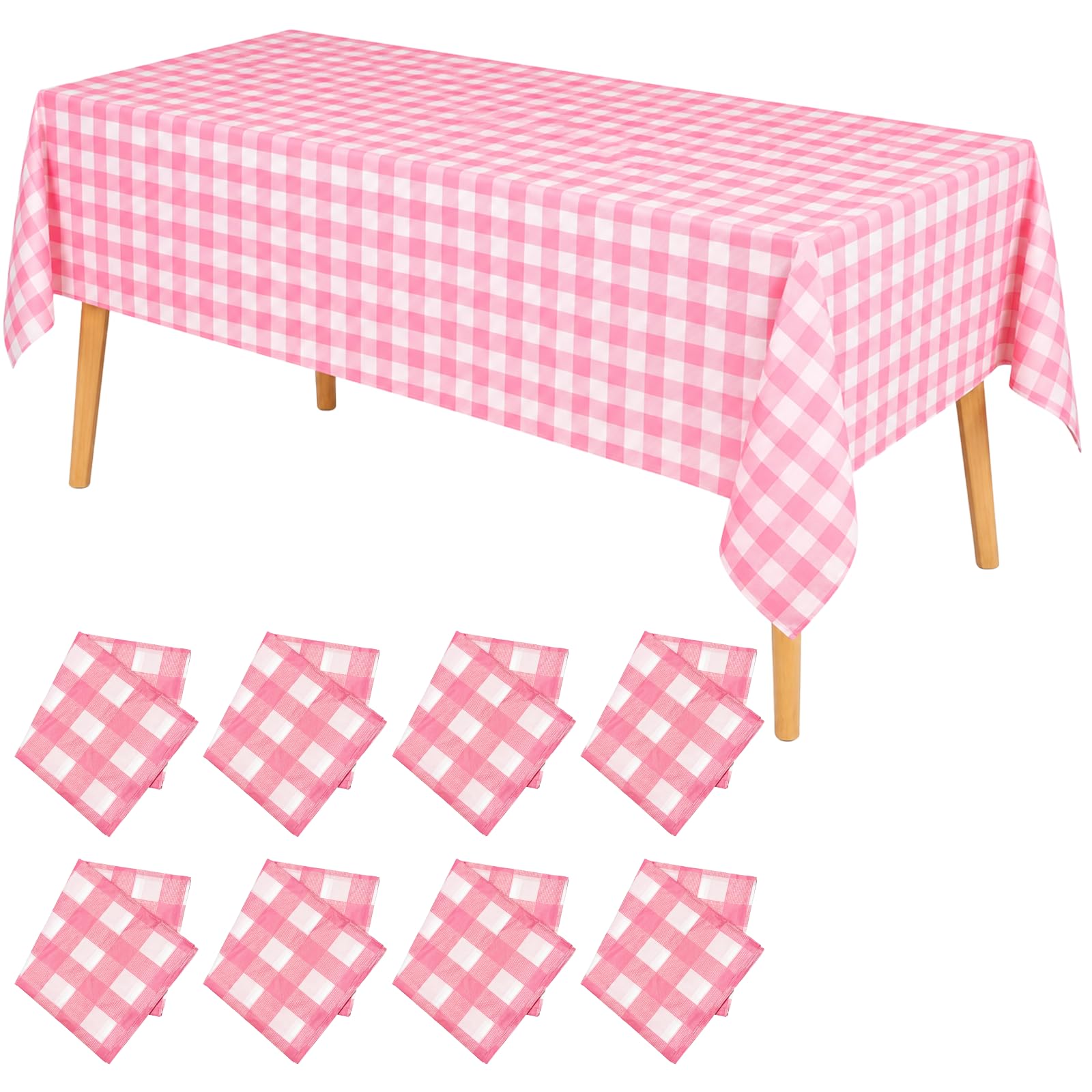 8Pcs Pink Gingham Pattern Tablecloth, 137 * 274cm Plaid Party Table Cover Wipe Clean Oil-proof Rectangular Plastic Tablecloths for Parties Wedding Birthday Picnic BBQ Holiday Outdoor Supplies (Pink)
