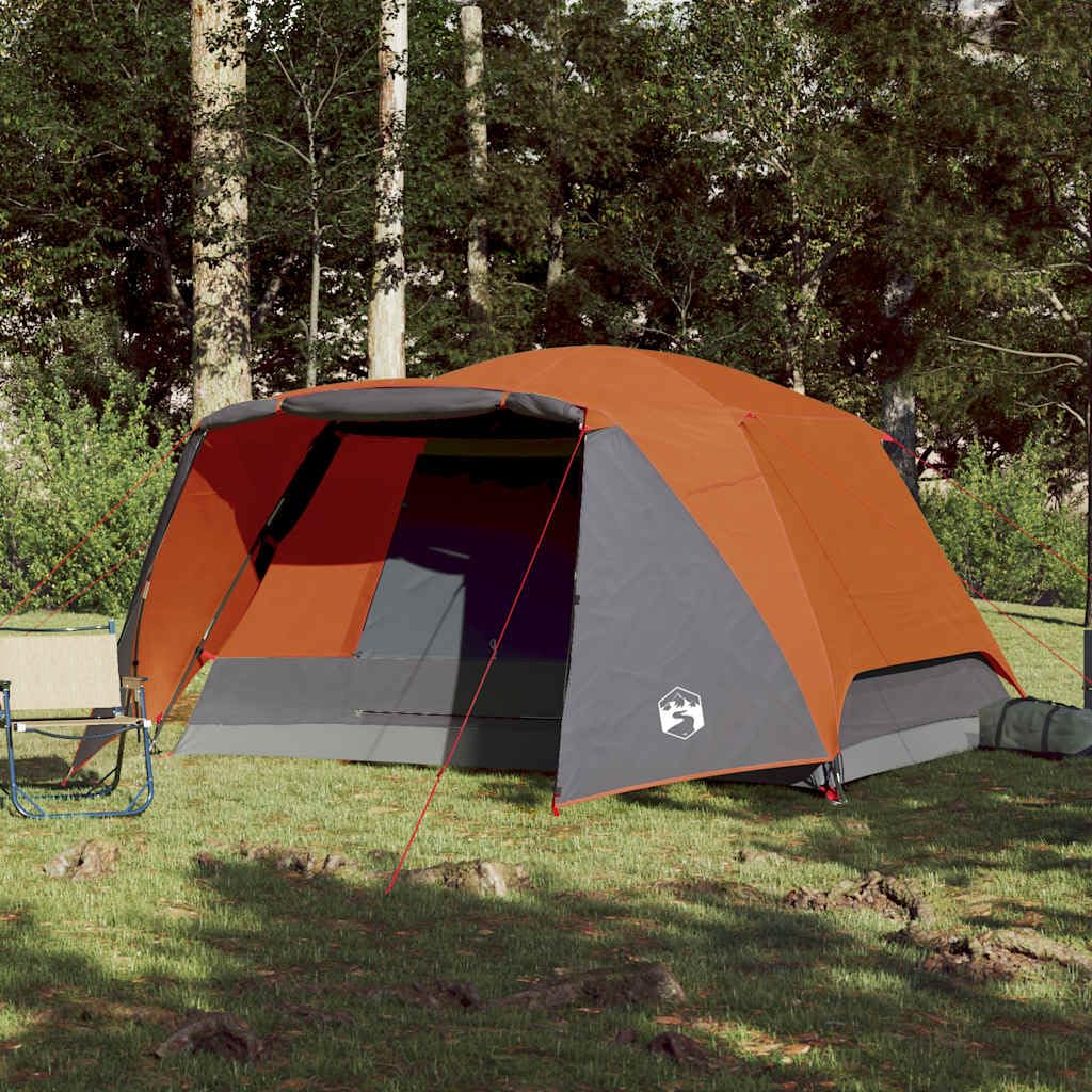 Tenda da Campeggio 6 Persone, Impermeabile con Tettorino, Grigio/Arancione, 2 Porte + Veranda, Design Ventilato, per Famiglie e Pesca, 412 x 370 x 190 cm