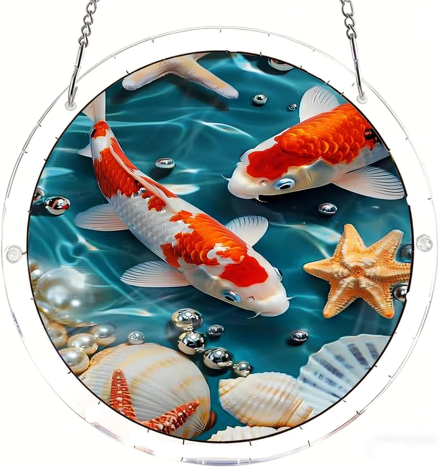 Koi and Shells Acrylic Jigsaw Puzzles Suncatcher, 8.9 Inch Window Hanging Suncatcher Acrylic Puzzle, DIY Home Decor Art Gift