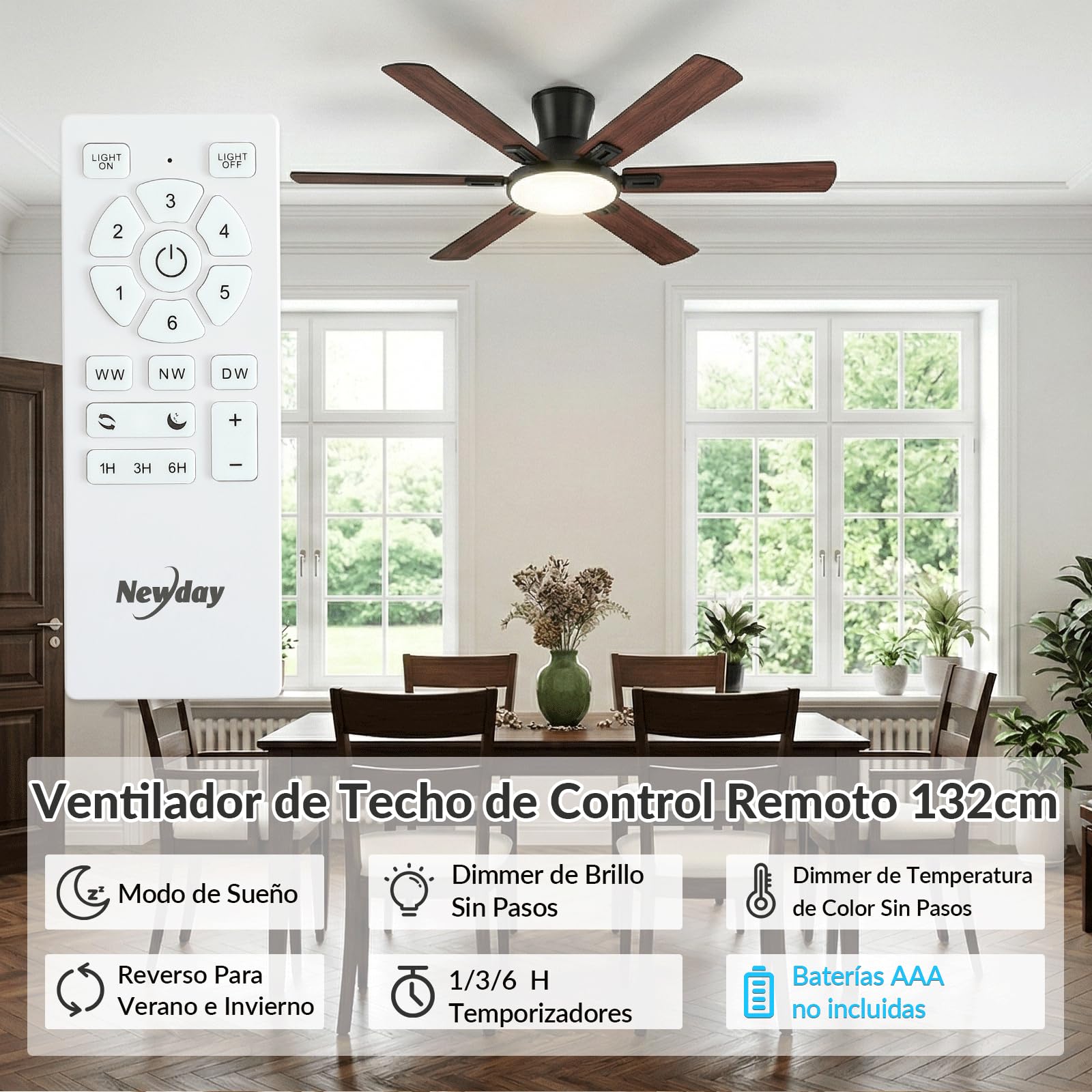 Newday 132cm Grande Ventilador Techo Madera con 6 aspas con Luz y Mando | Lampara Dimmer sin Pasos, Modo de Sueño, Función Memoria, Reversible Motor DC Silencioso, Montaje a Nivel
