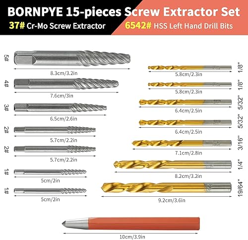 Miniatura 2 de Juego de 15 piezas de extractor de tornillos, 37# Cr-Mo y 6542 Hss de cobalto de acero a la izquierda, juego de brocas para quitar pernos rotos y
