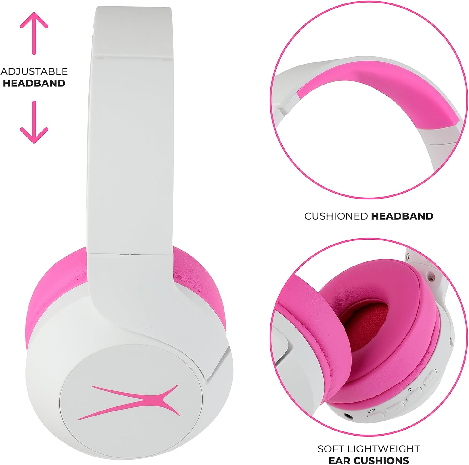 Altec Lansing Kid Safe Noise Cancelling Wireless Headphones 15H Battery, 85dB Volume Limit, Foldable Design Powerful Sound, Active Noise Cancellation Perfect for Kids Ages 7+ (Whiteout Pop Pink) - Image 6