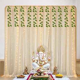 Party Propz White Net Backdrop Decoration with Fairy Light 9m and Artificial Leaves, Diwali Decoration for Home Decor, Navratri Decoration Items, Haldi Decor, Backdrop Cloth for Decoration Pooja