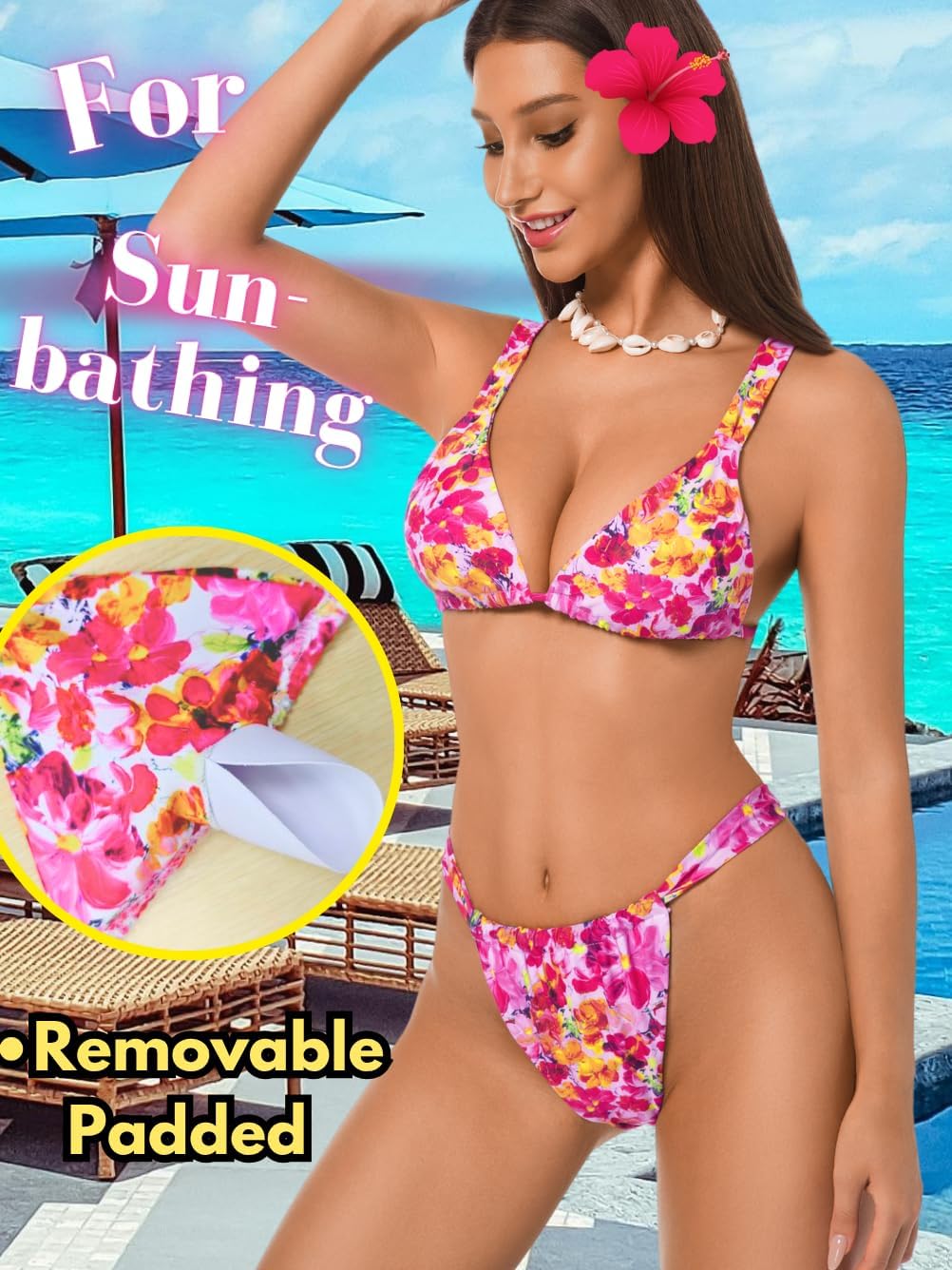 Floral Tropical Bikini Sets for Women, Two Piece Swimsuit, Sexy Triangle High Cut, Tie Back Low Rise Bottom - Image 4
