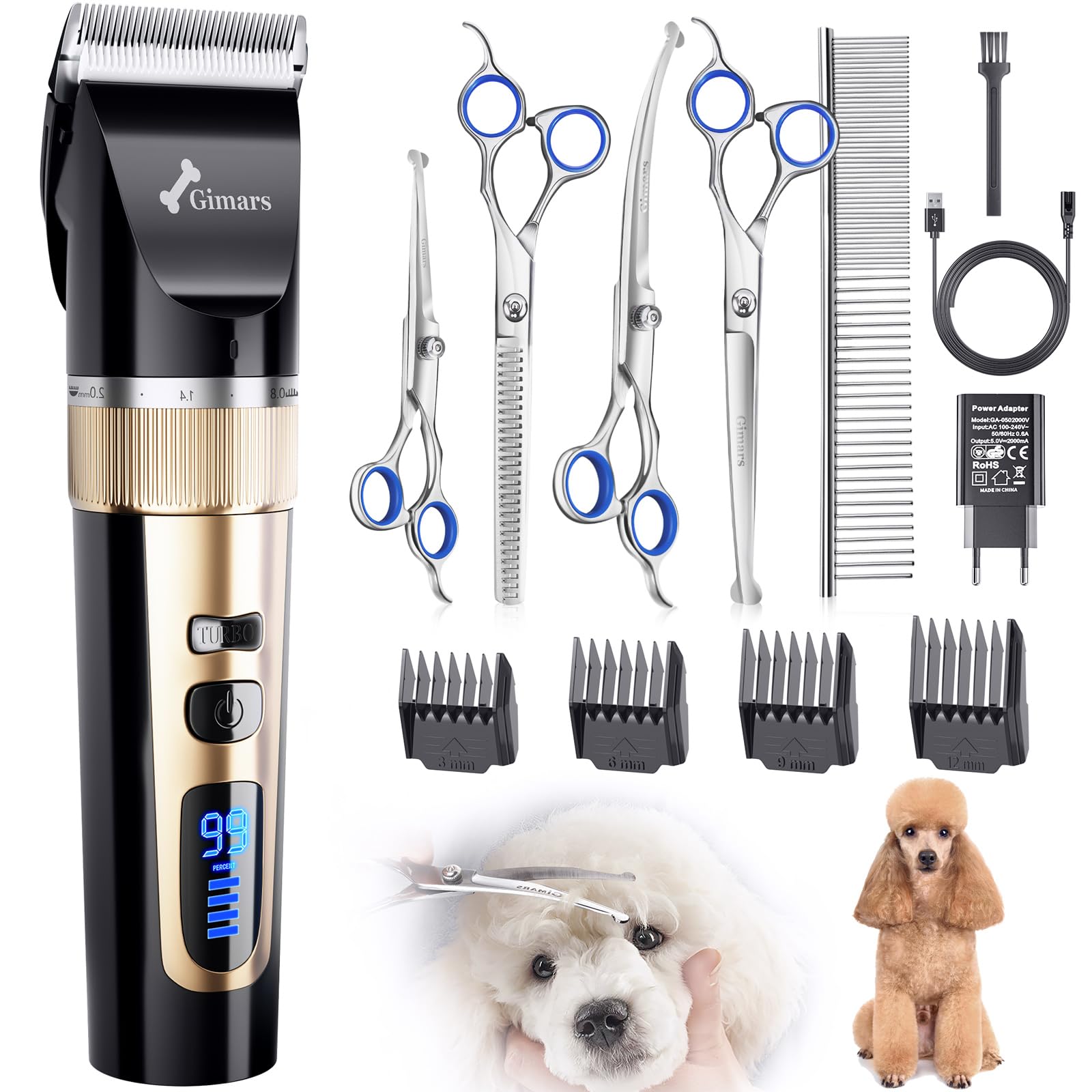 Gimars 6-in-1 Tosatrice Silenziosa per Cani Professionale, Rasoio per Cani 7000 RPM, Kit Toelettatura Animale Domestico Senza Fili, Tosatore Elettrica per Gatti Pelo Lungo Ricaricabile USB, Oro