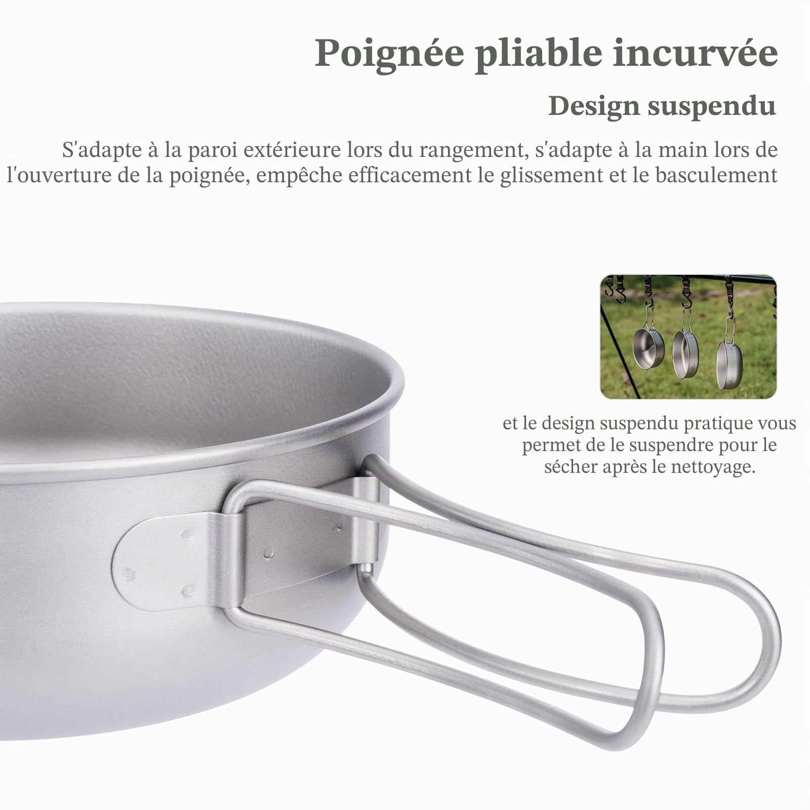 iBasingo Ensemble de casseroles et poêles en titane léger à suspendre pour le camping et l'extérieur, kit de cuisine portable avec poignée pliable