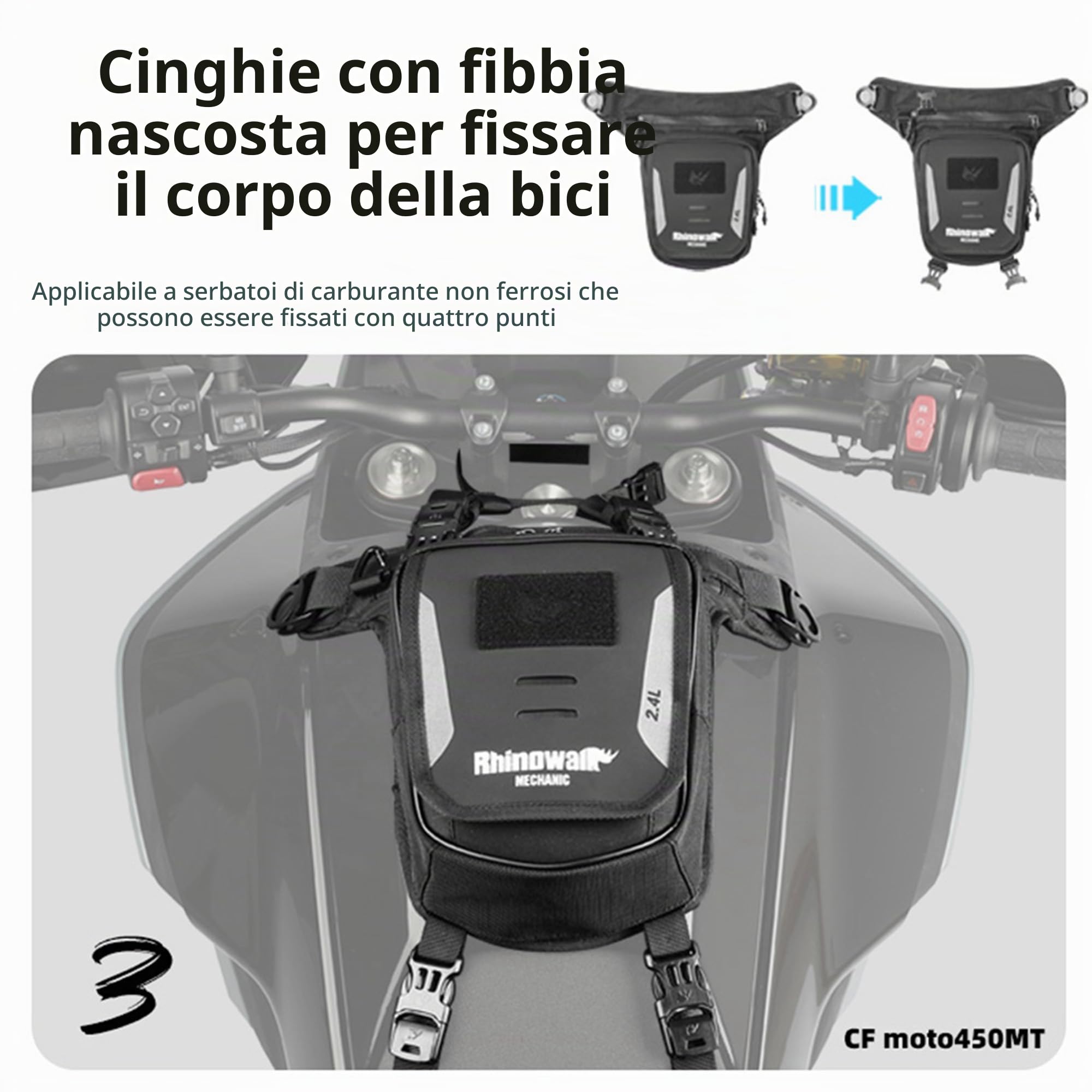 Rhinowalk Borsa da serbatoio per moto da 2,4 l, multifunzionale come tasca sulla gamba, tasca sul petto o borsa a tracolla, con o senza fissaggio magnetico, nero, 2.4 liters