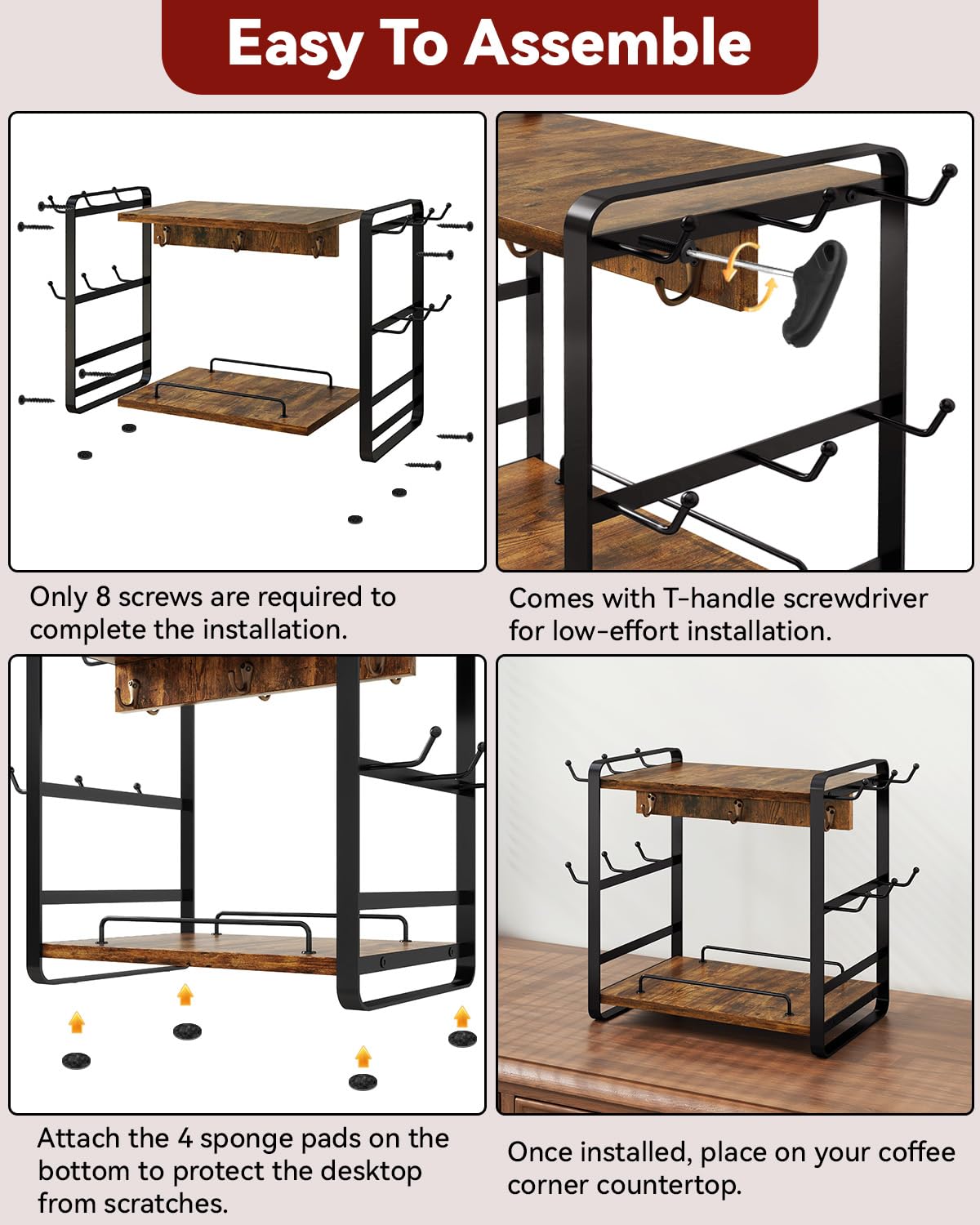 IBUYKE Organizer Caffe Portatazze da Appoggio, 2 Livelli di Supporto per Tazze da Cucina, Porta Tazzine da Caffè di Legno Con 18 Ganci,Organizer Tazze per Cucina,Ufficio,Marrone TBJ006H