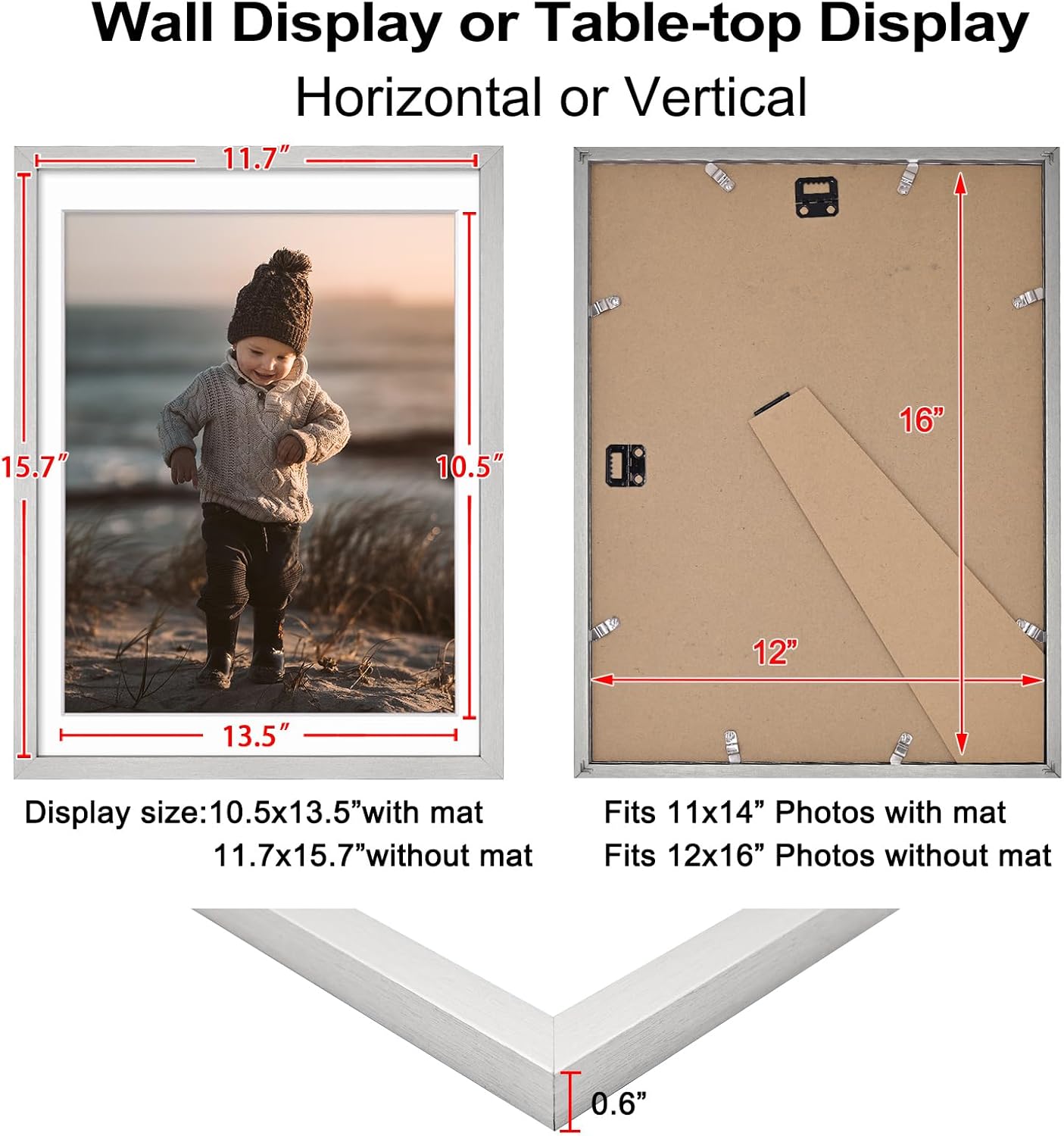 KINLINK 12x16 Picture Frame Silver, Wooden 16x12 Photo Frames with Plexiglass for 11x14 Picture with Mat or 12x16 Without Mat, Perfect for Art Wall and Tabletop Display 12 x 16 frame Set of 2